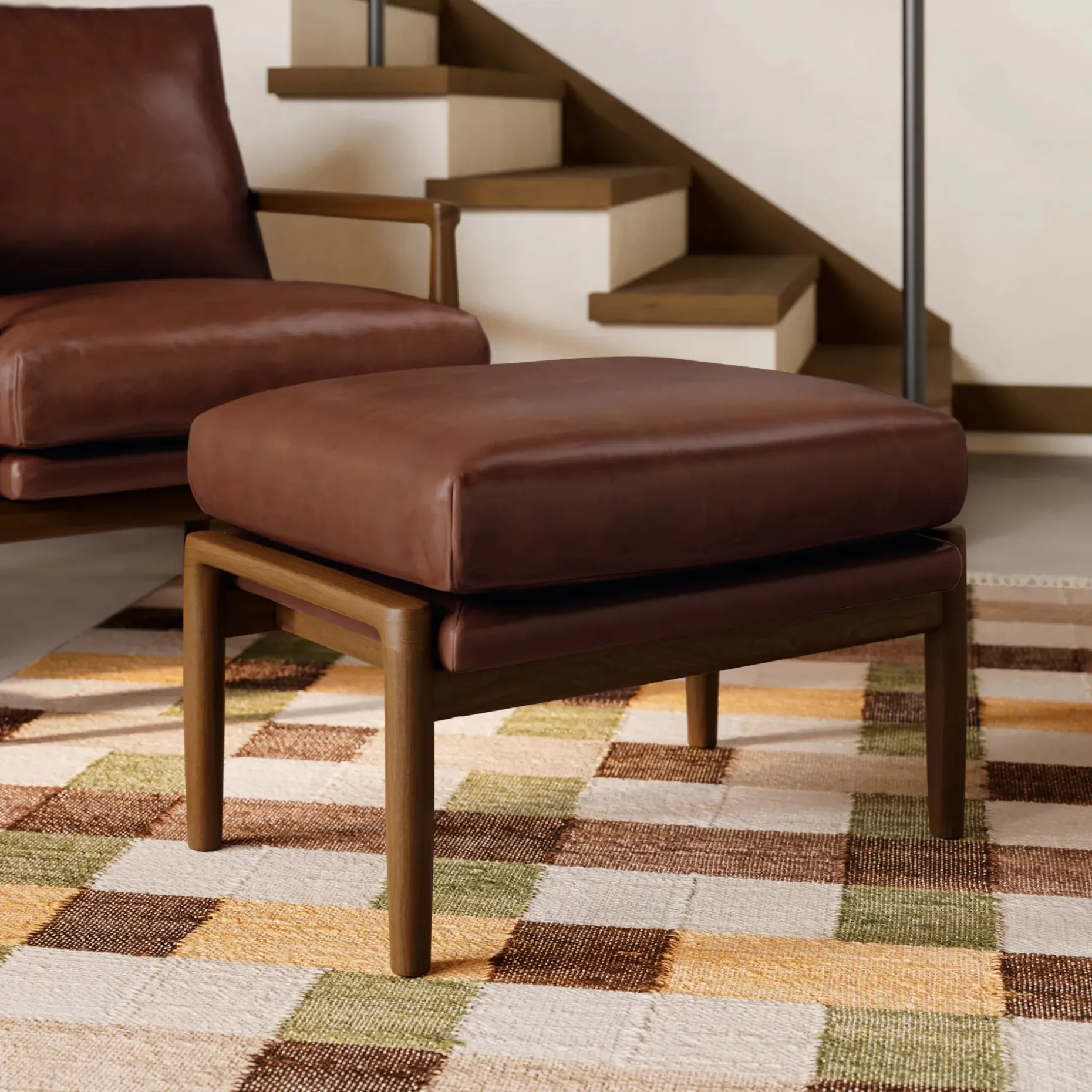 Bavel 25" Leather Ottoman - Indiana Brown