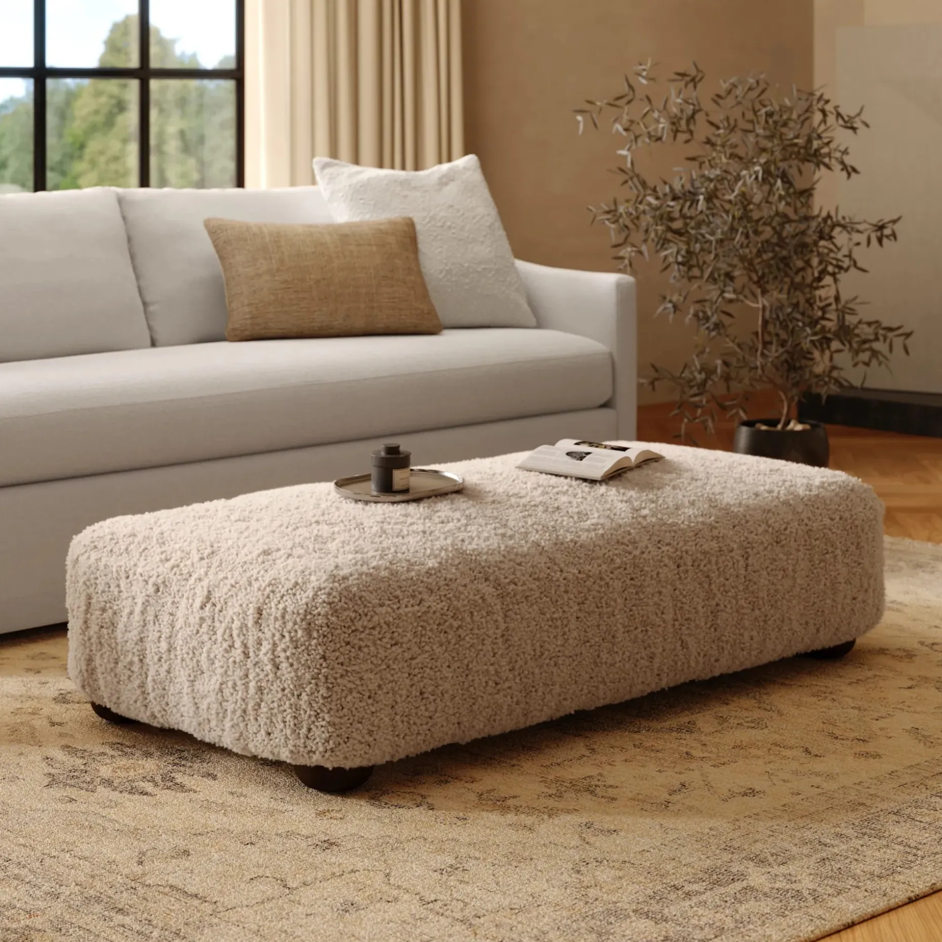 Berkley 59" Ottoman - Long Shearling Taupe