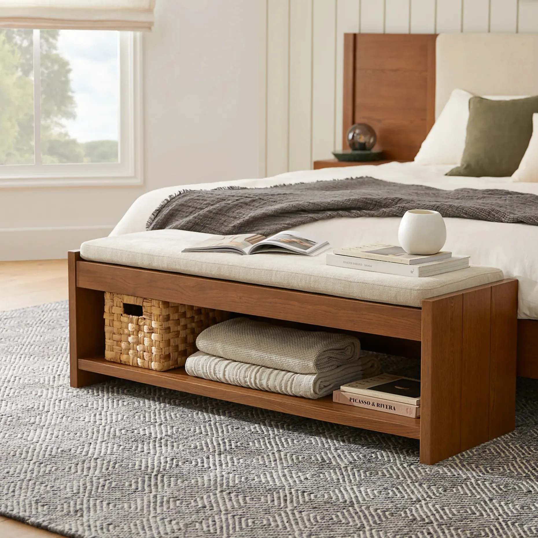 Cassie 56" Bench - Smoked Oak and Taupe Chenille
