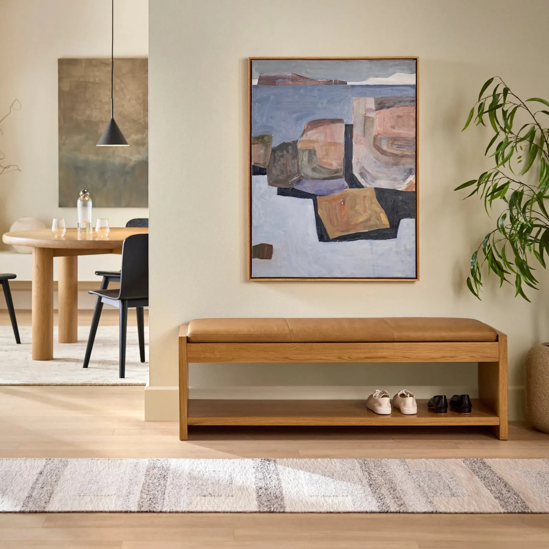 Cassie 56" Leather Bench - Natural Oak and Charme Tan