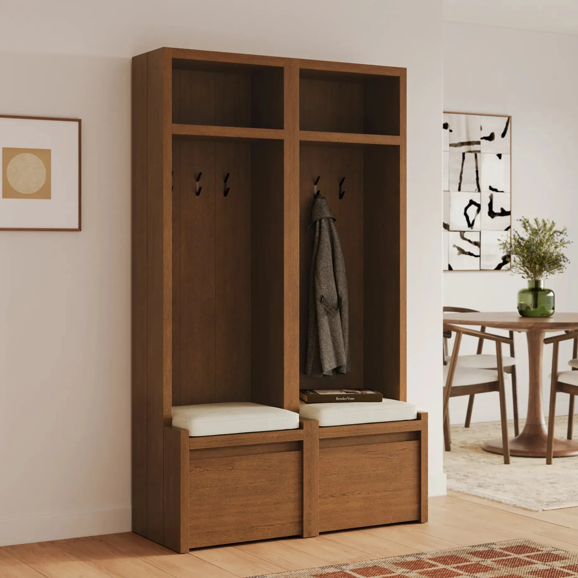 Cassie 44" Two-Piece Hall Tree Set - Smoked Oak and Taupe Chenille