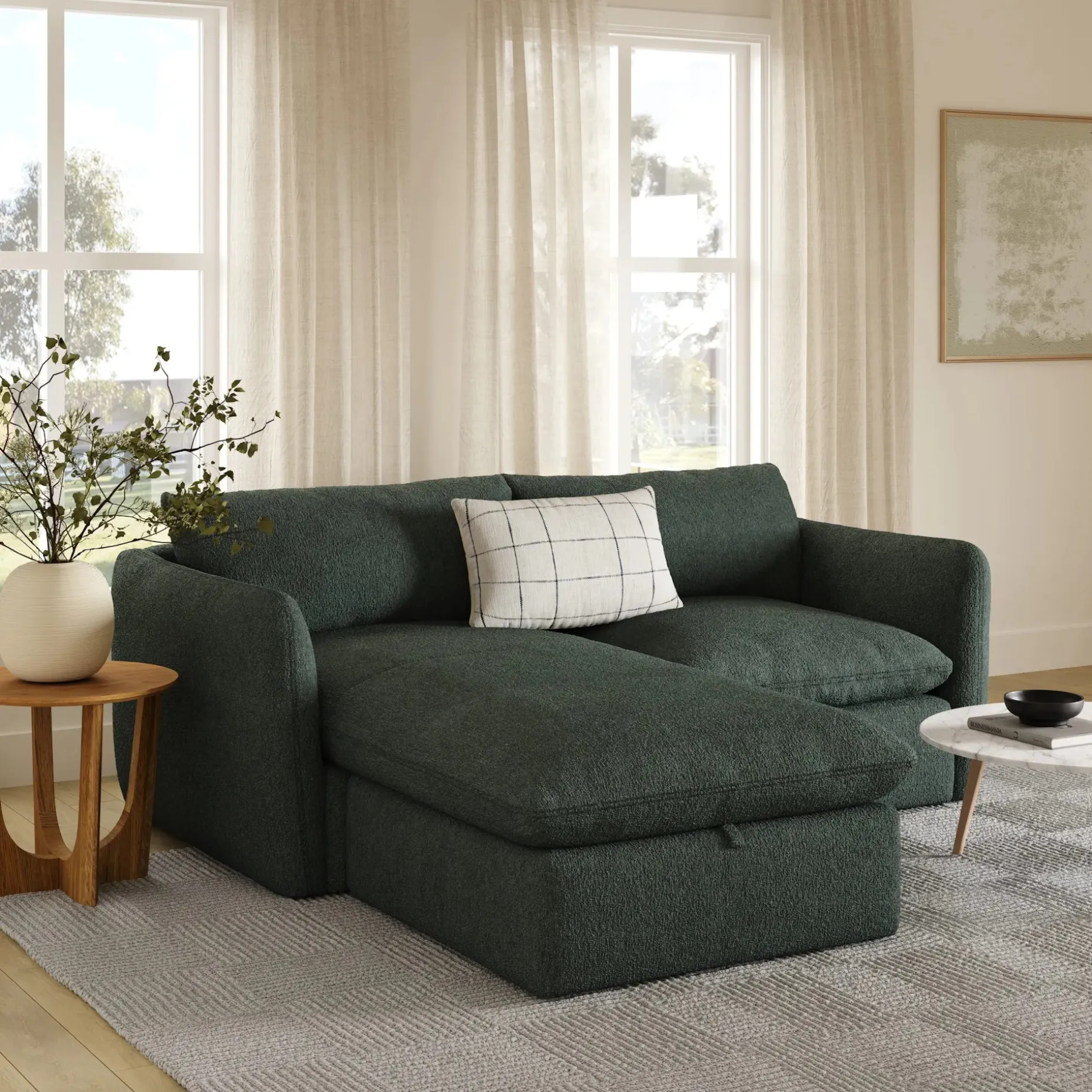 Leigh 86" Reversible Storage Sleeper Sectional - Green Wool Bouclé