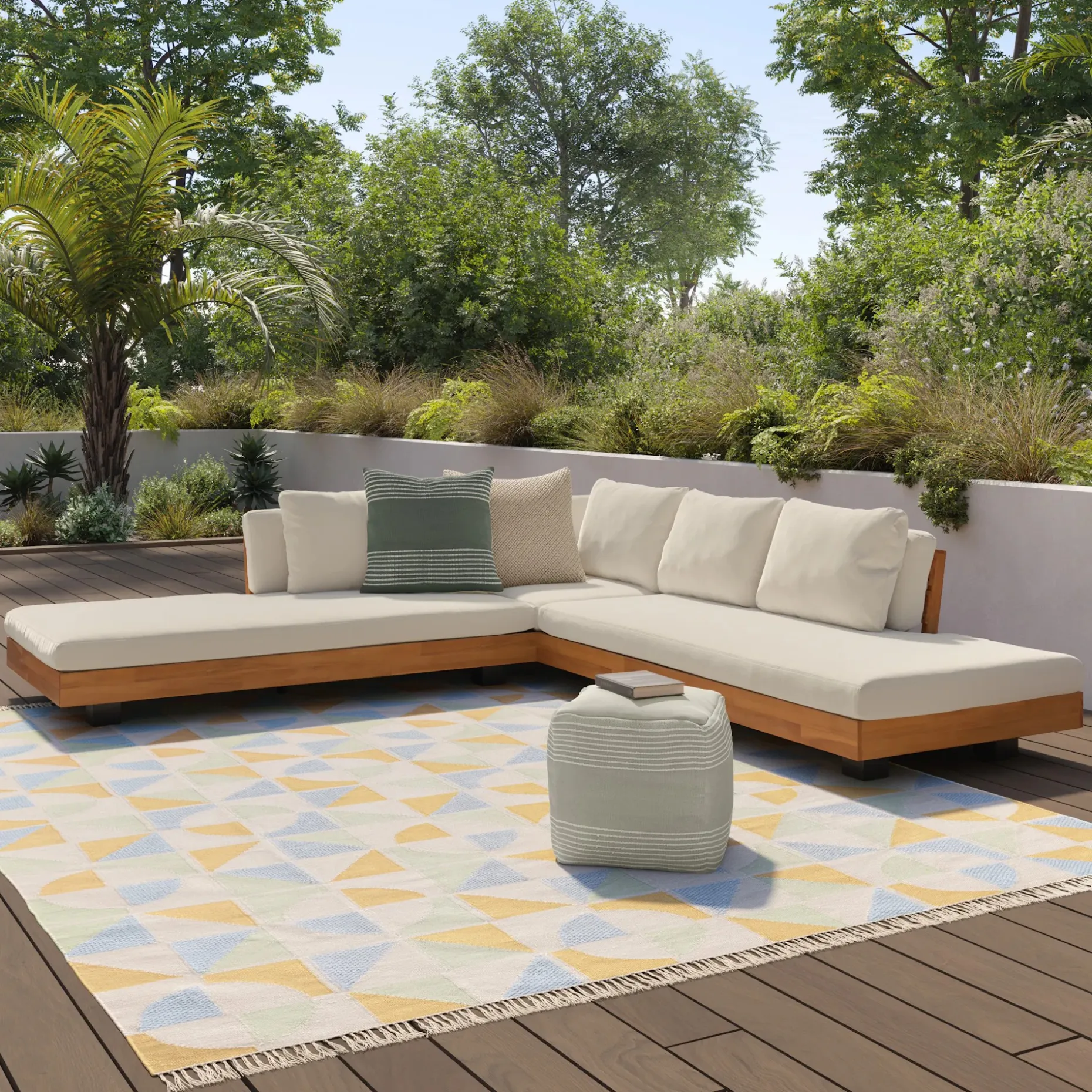 Lubek 100.5" Outdoor Low Corner Sectional Set - Dravite Ivory