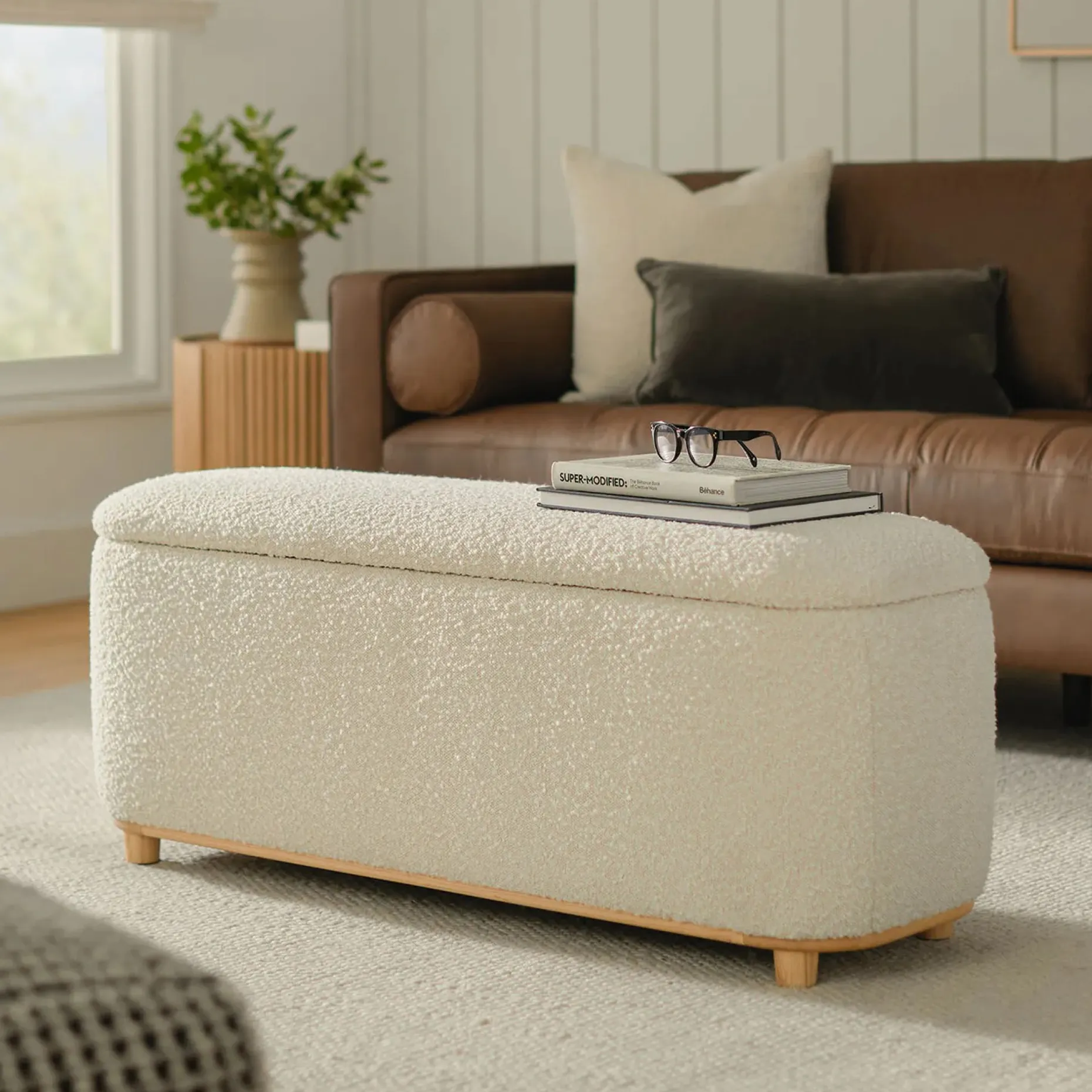 Maribo 48" Storage Ottoman - Ivory Bouclé