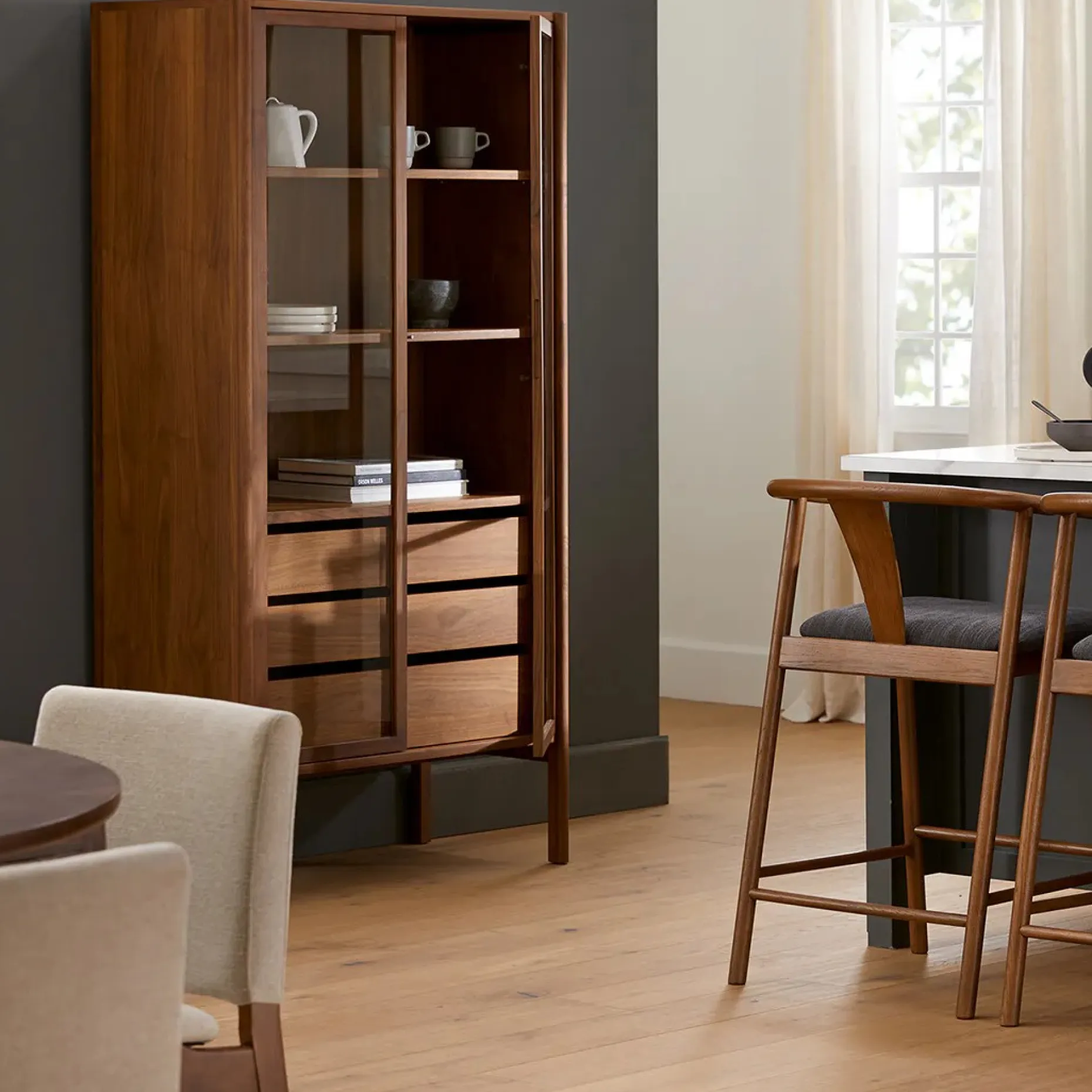 Mysen 35.5" Glass Cabinet - Walnut