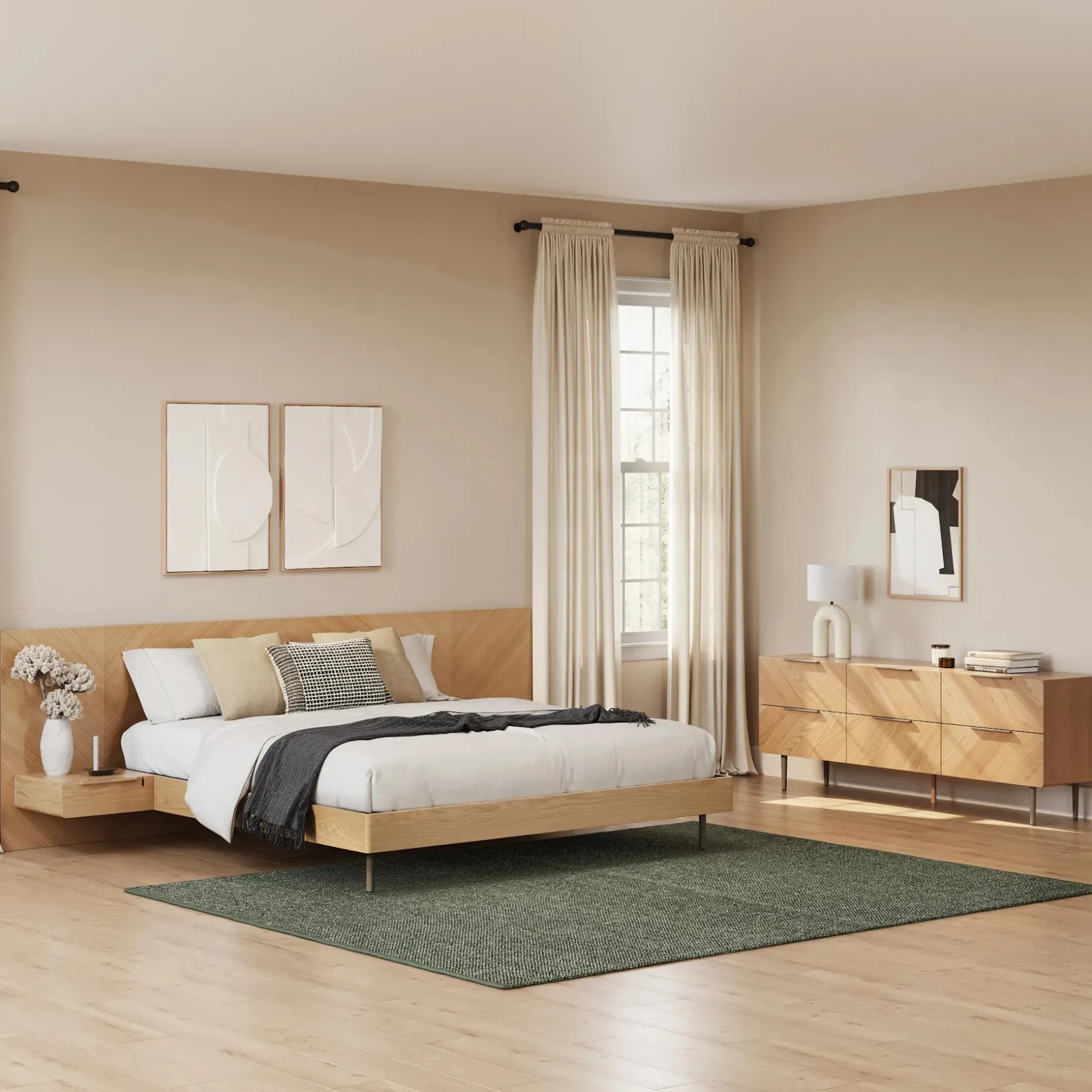 Nera King Low Profile Bed with Nightstands Set - Oak