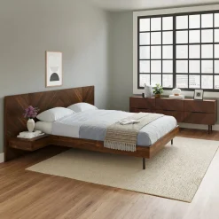Nera Queen Low Profile Bed with Nightstands Set - Oak