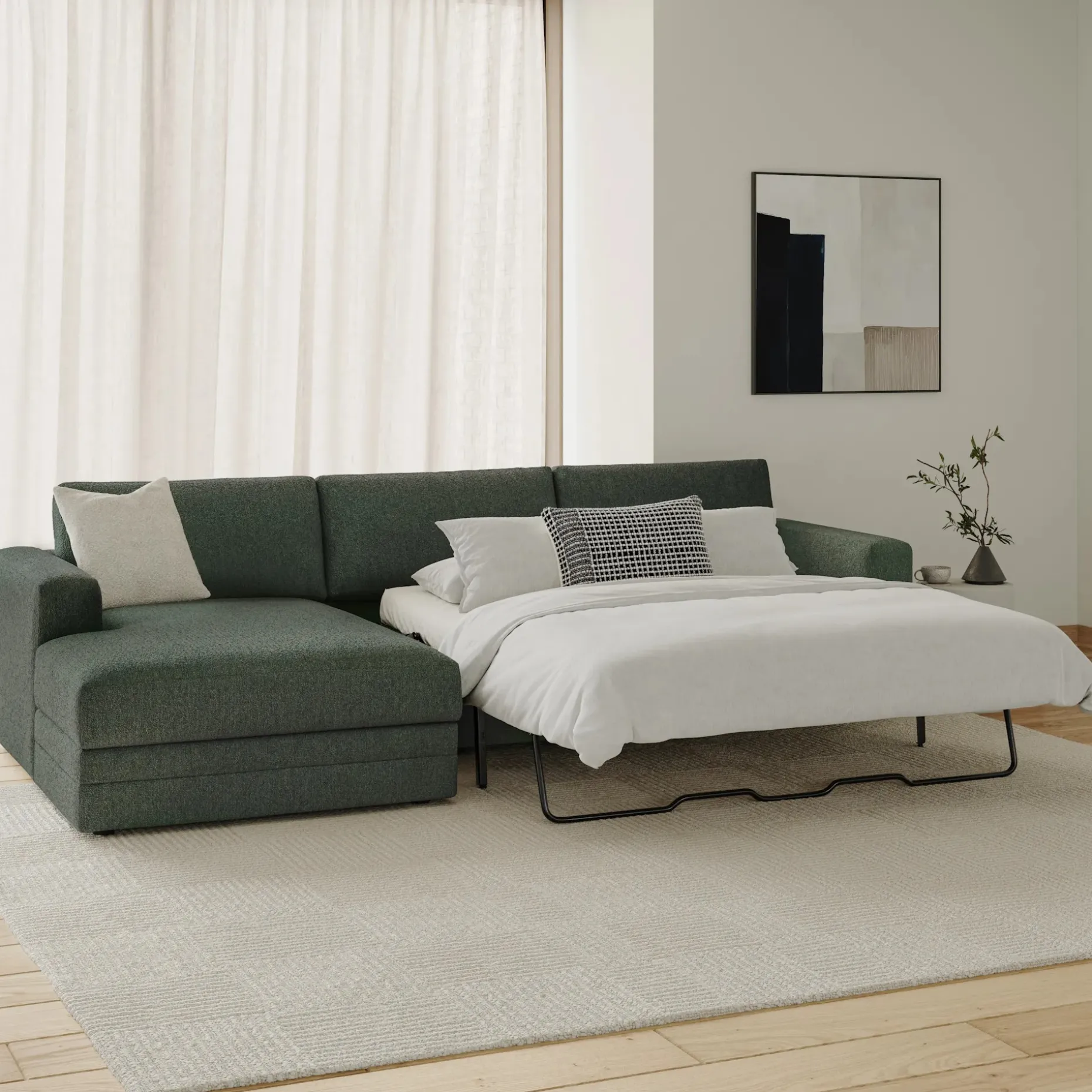 Riley 118" Left Storage Sleeper Sectional - Green Wool Bouclé