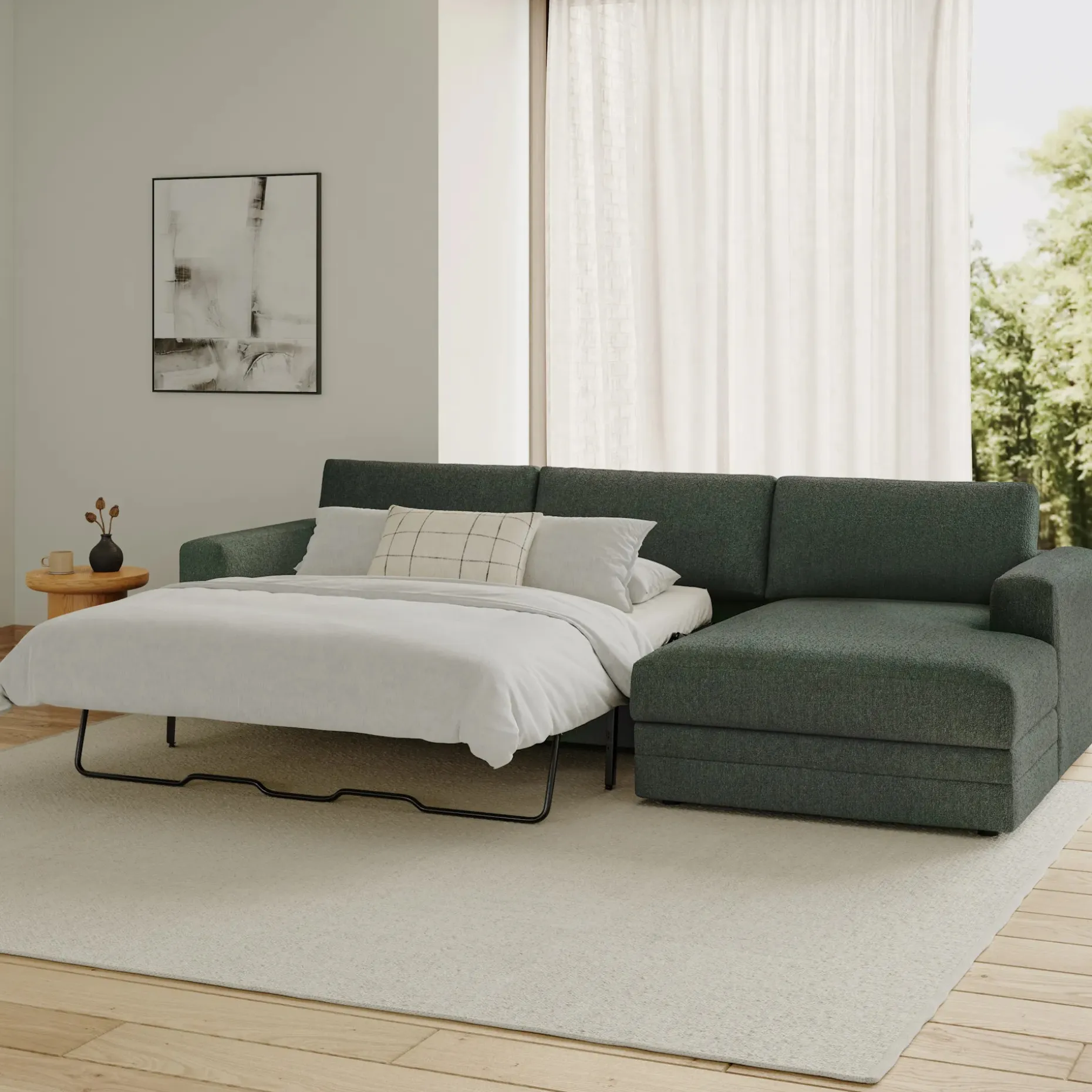Riley 118" Right Storage Sleeper Sectional - Green Wool Bouclé