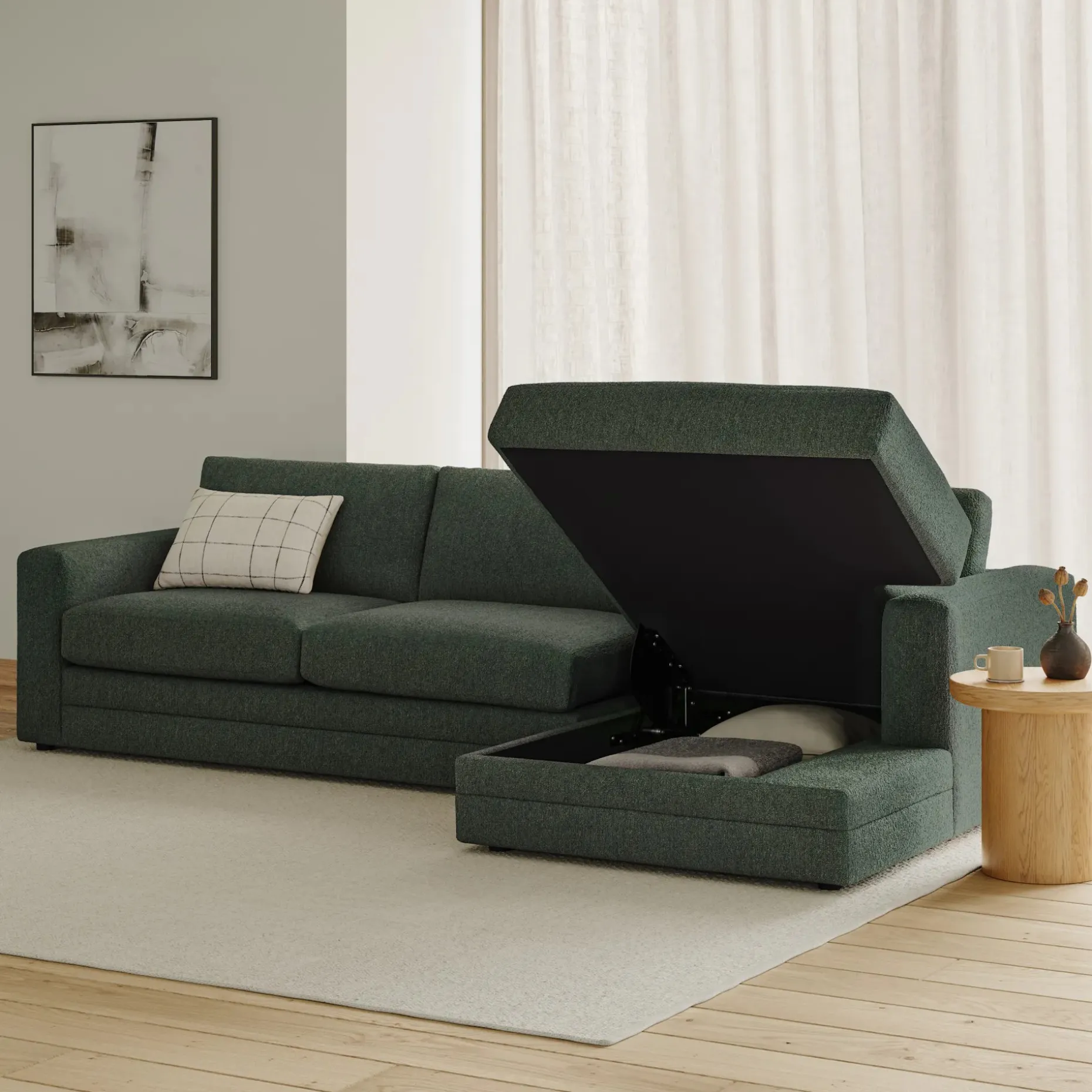 Riley 118" Right Storage Sleeper Sectional - Green Wool Bouclé