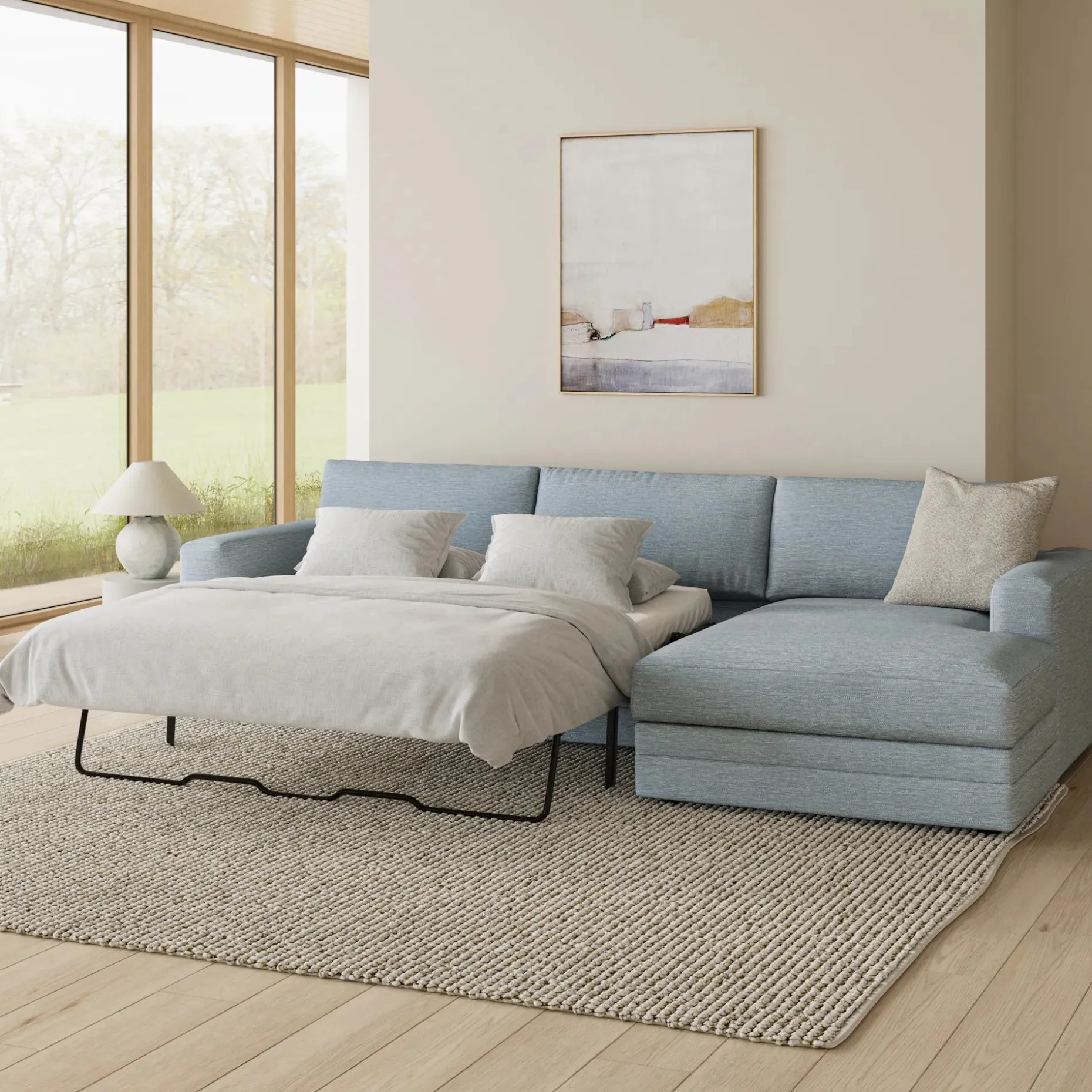 Riley 118" Right Storage Sleeper Sectional - Silver Light Blue