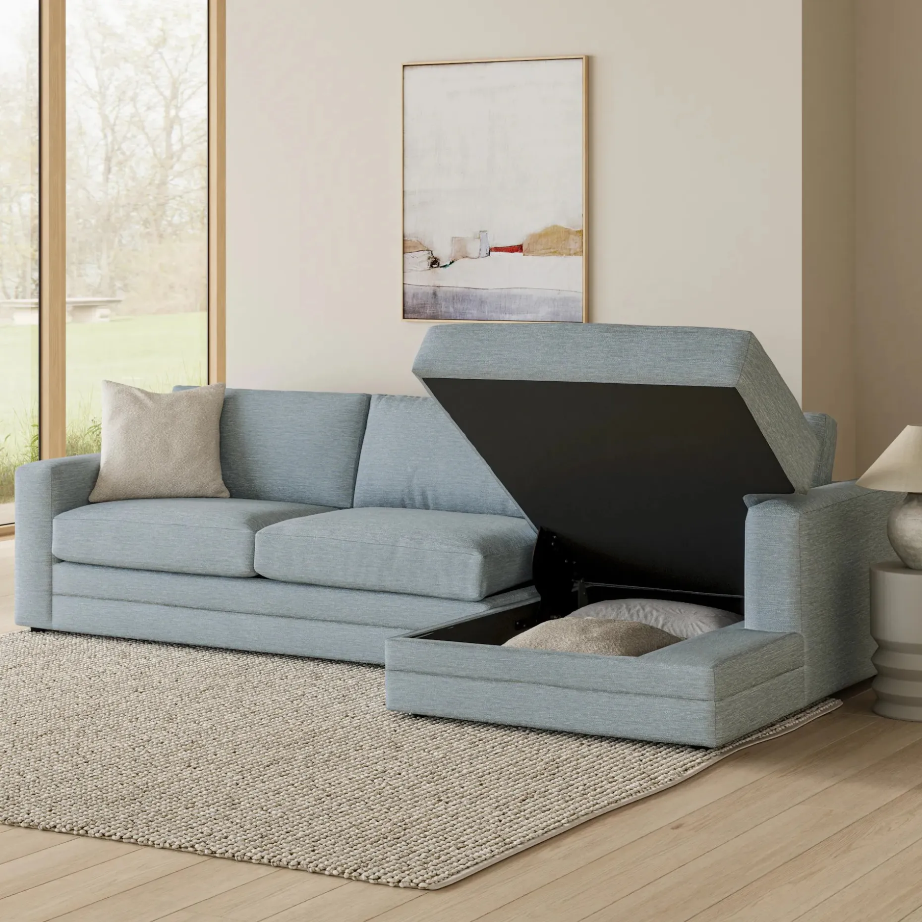 Riley 118" Right Storage Sleeper Sectional - Silver Light Blue