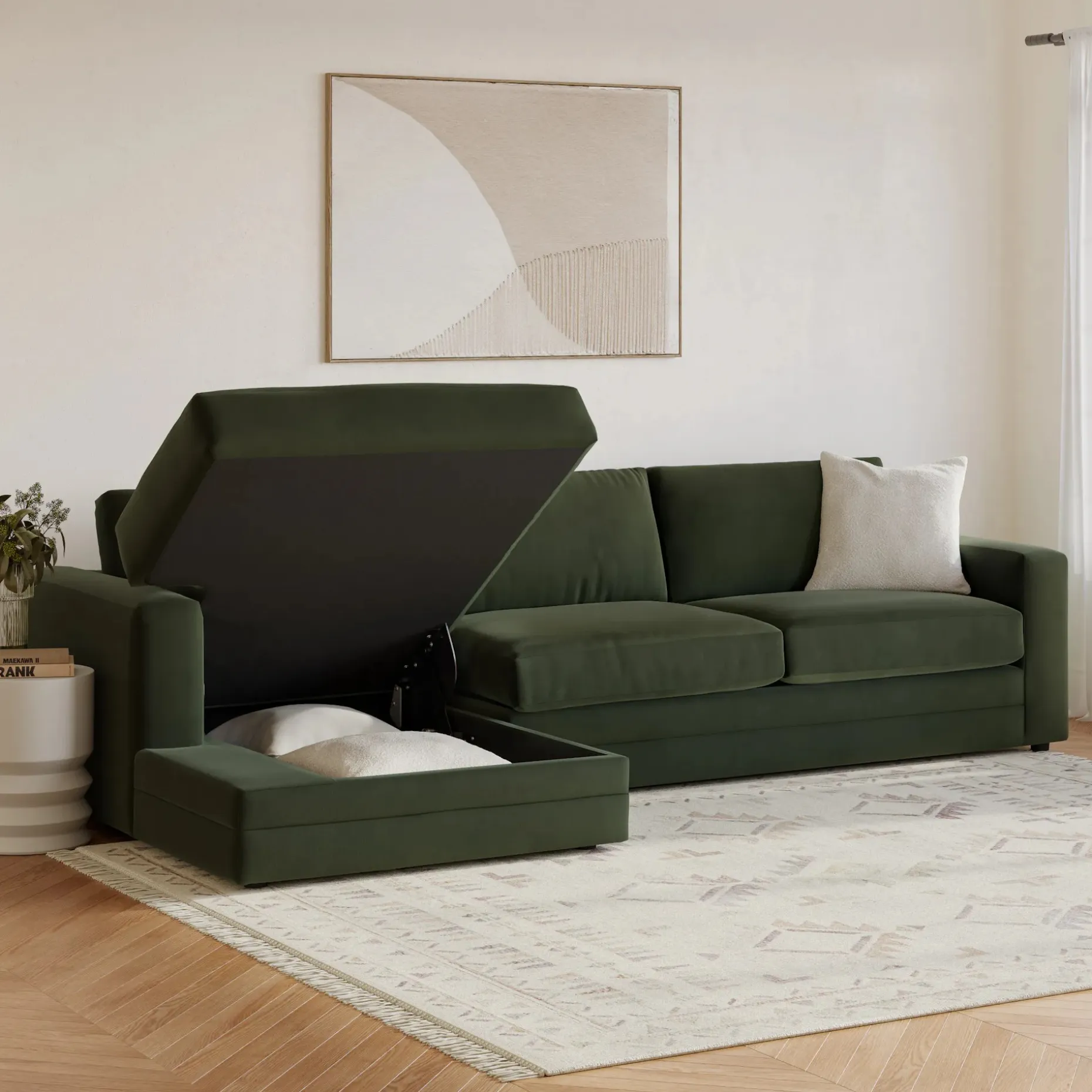 Riley 118" Velvet Left Storage Sleeper Sectional - Hale Fir Green