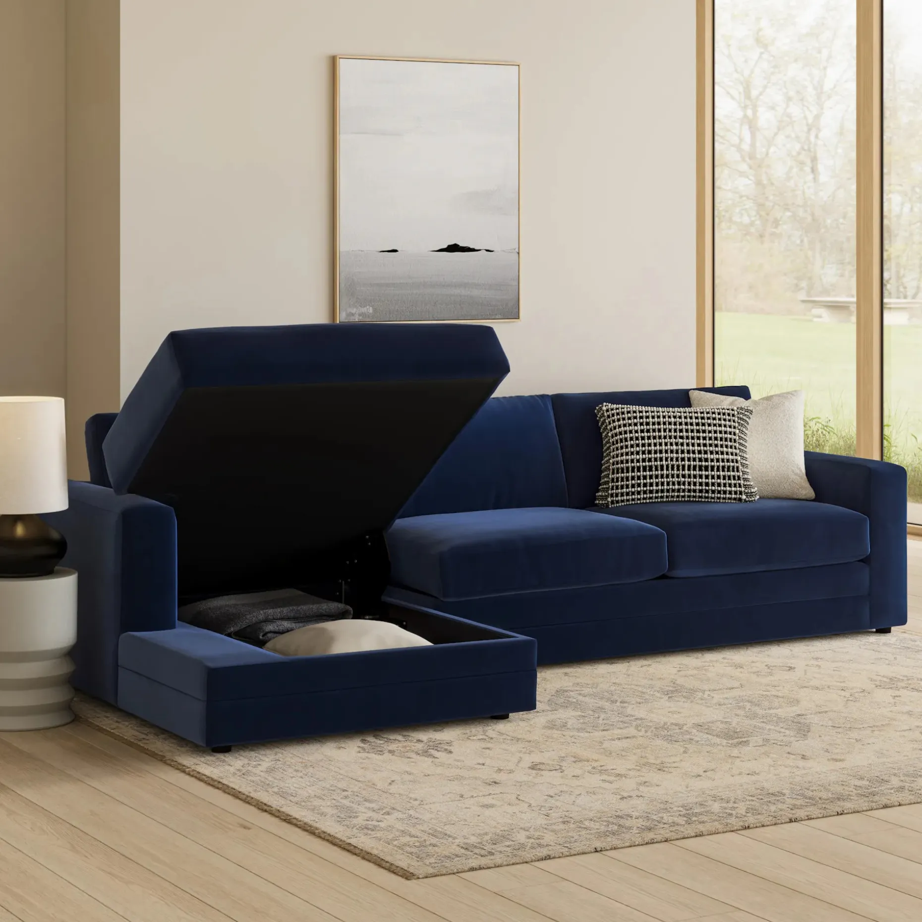 Riley 118" Velvet Left Storage Sleeper Sectional - Hale Ink