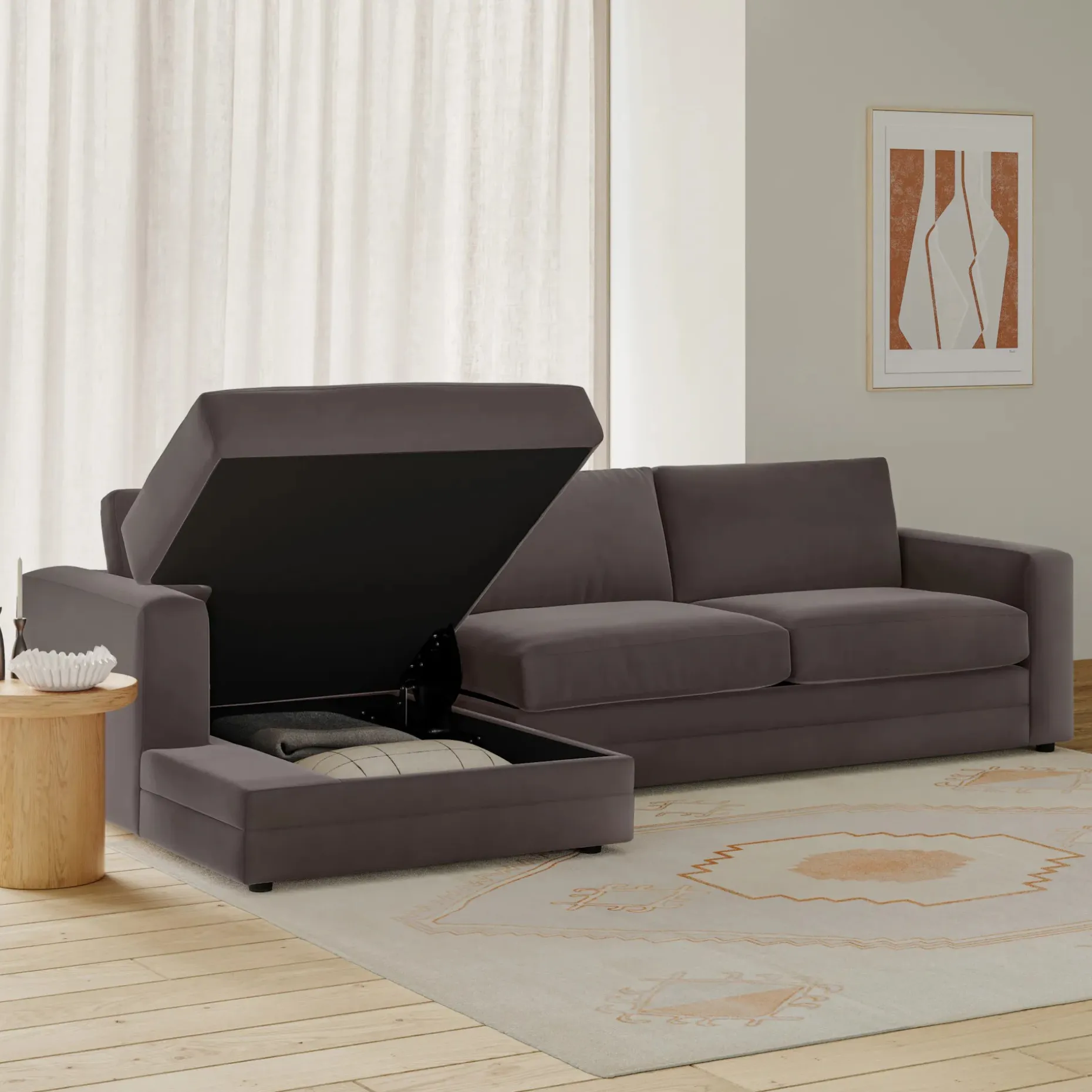 Riley 118" Velvet Left Storage Sleeper Sectional - Hale Warm Gray
