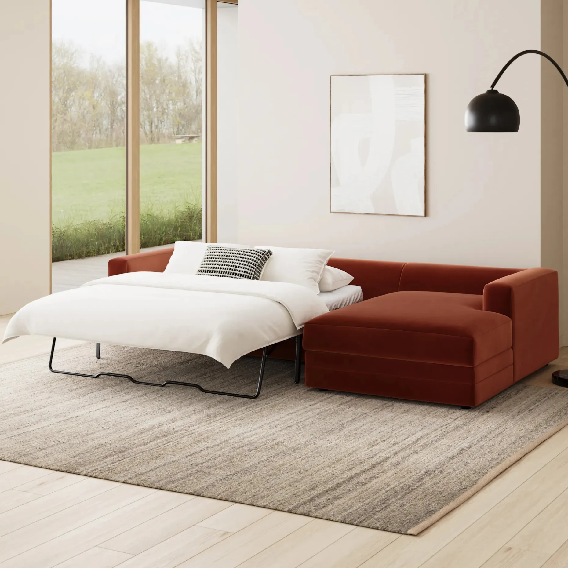 Riley 118" Velvet Right Storage Sleeper Sectional - Hale Rust
