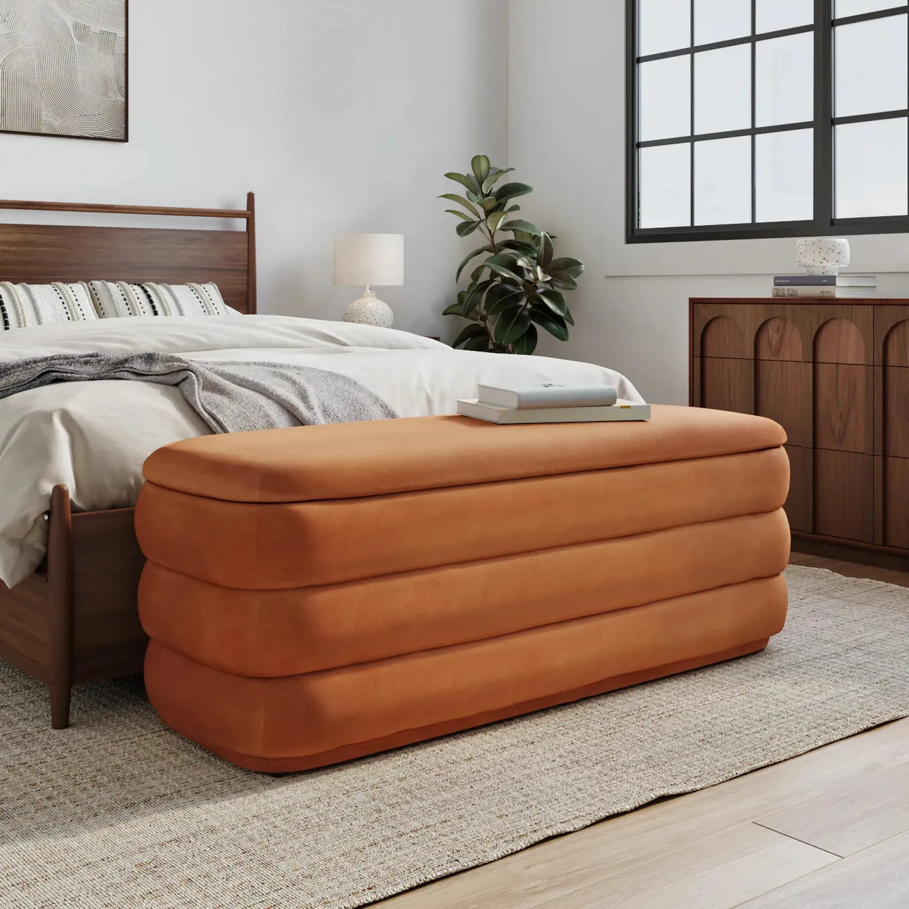 Rolph 55.5" Velvet Storage Bench - Plush Pacific Rust