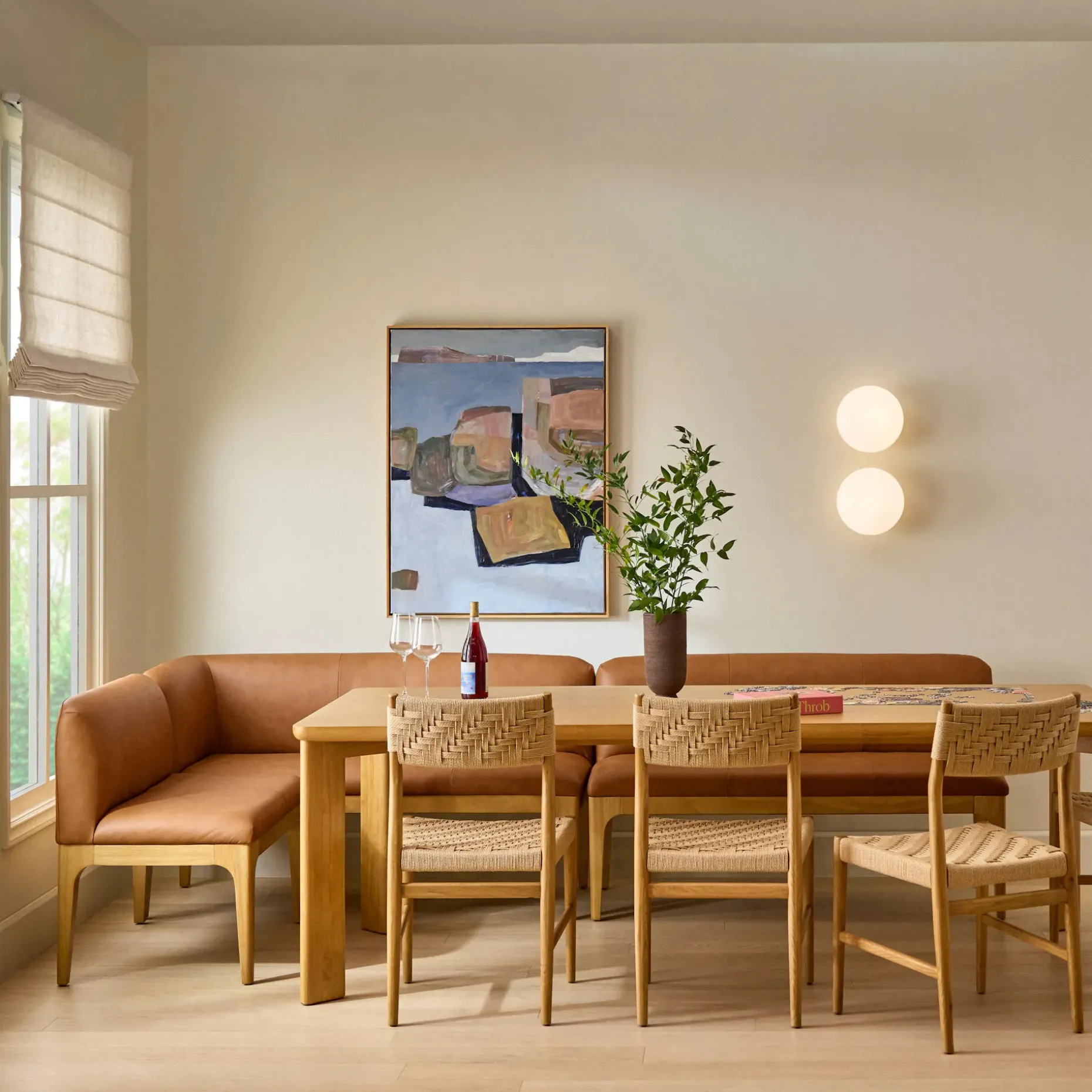 Rosin 56.75" Leather Left Corner Banquette - Natural Oak and Lucia Tan