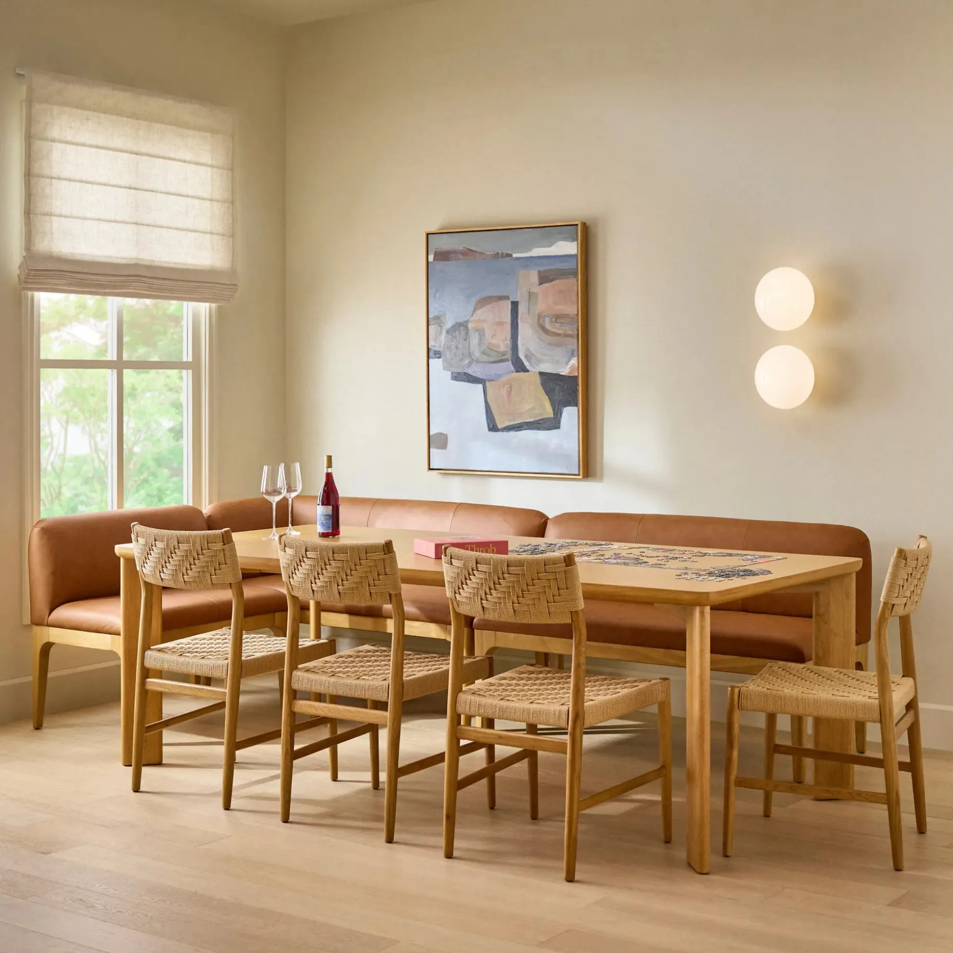 Rosin 56.75" Leather Left Corner Banquette - Natural Oak and Lucia Tan