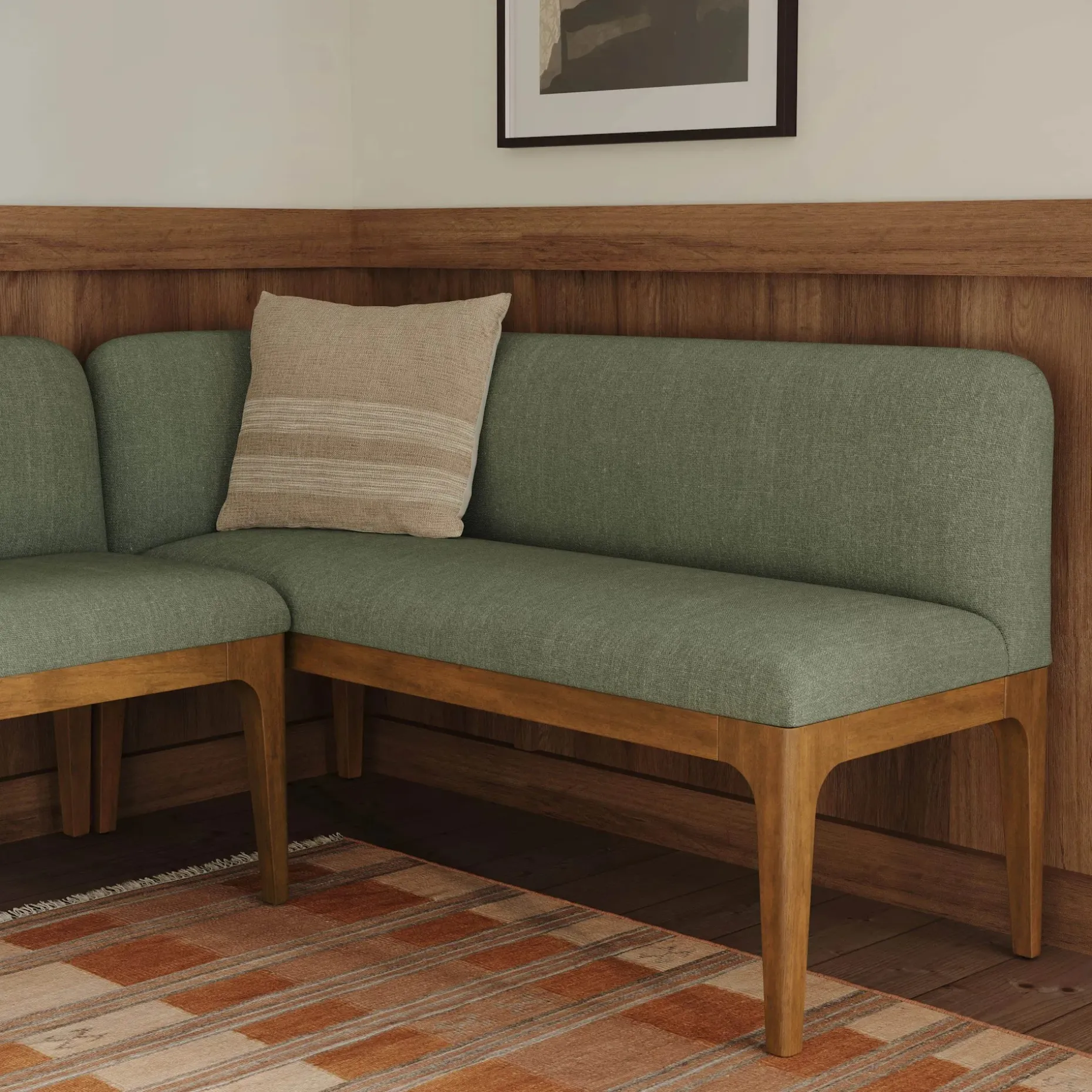 Rosin 56.75" Left Corner Banquette - Smoked Oak and Welsh Green
