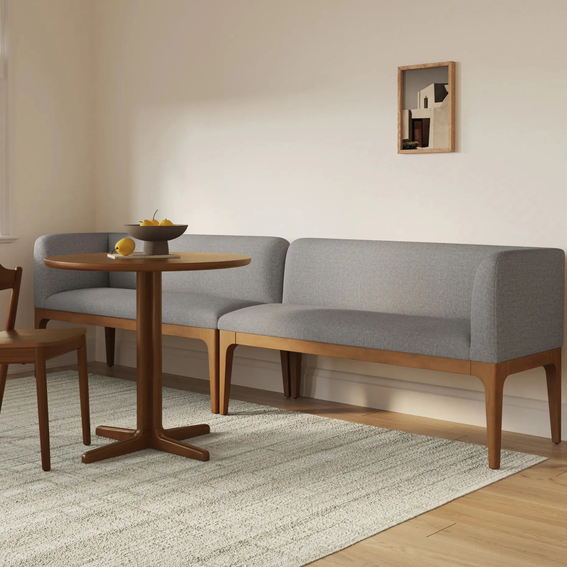 Rosin 113.5" Long Banquette Set - Smoked Oak and Hestia Gray