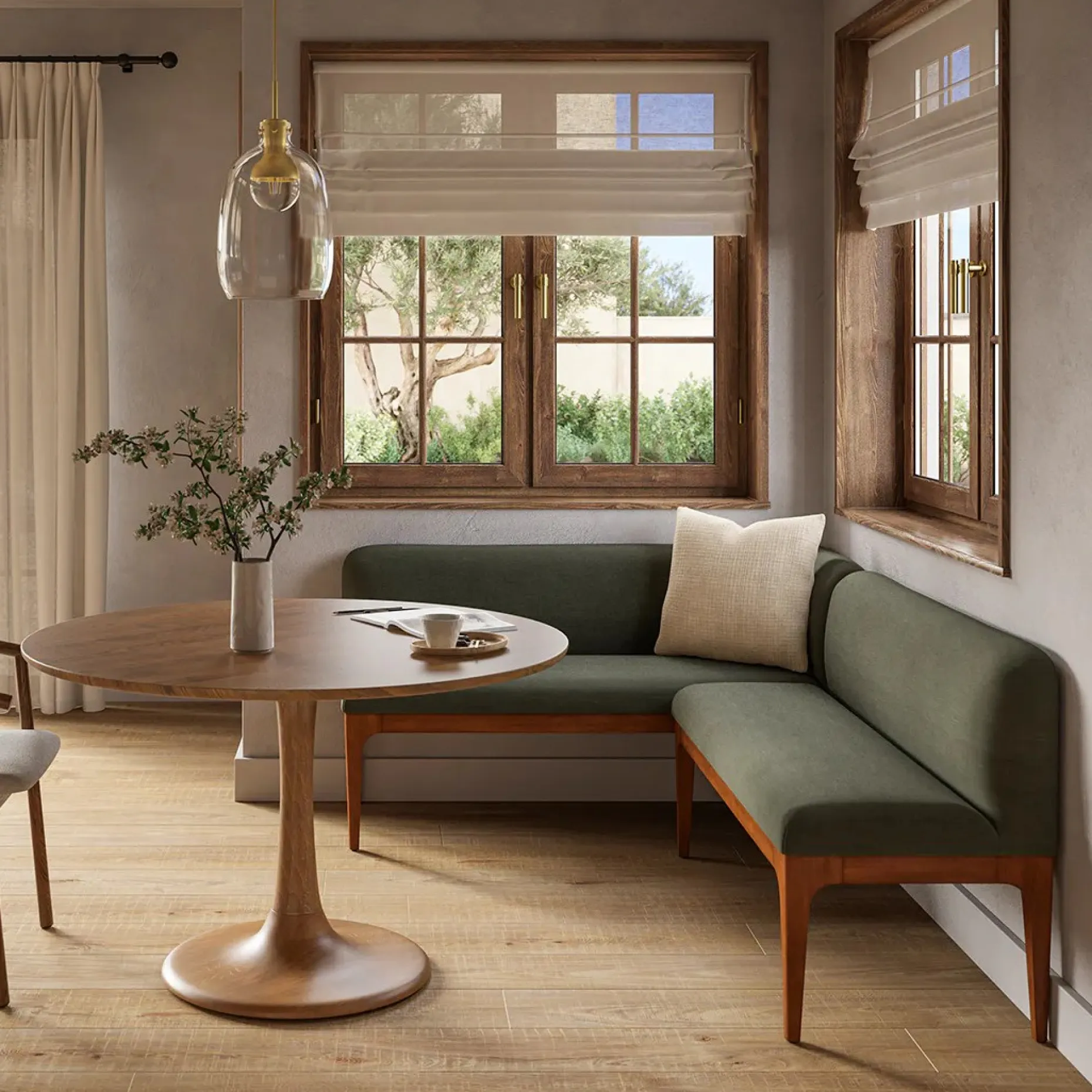 Rosin 56.75" Right Corner Banquette - Smoked Oak and Welsh Green