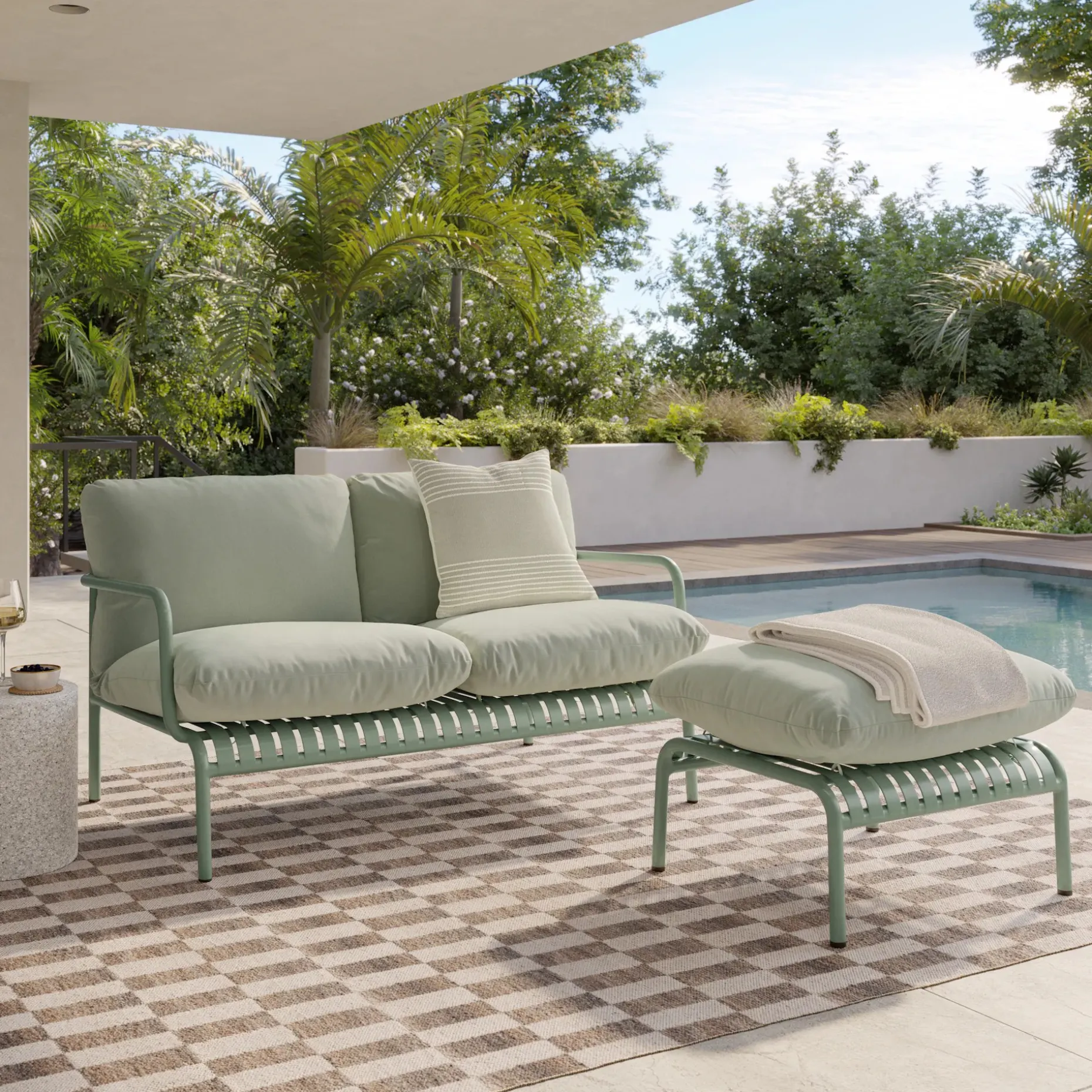 Sarek 59" Outdoor Loveseat and Ottoman Set - Sunbrella® Mint