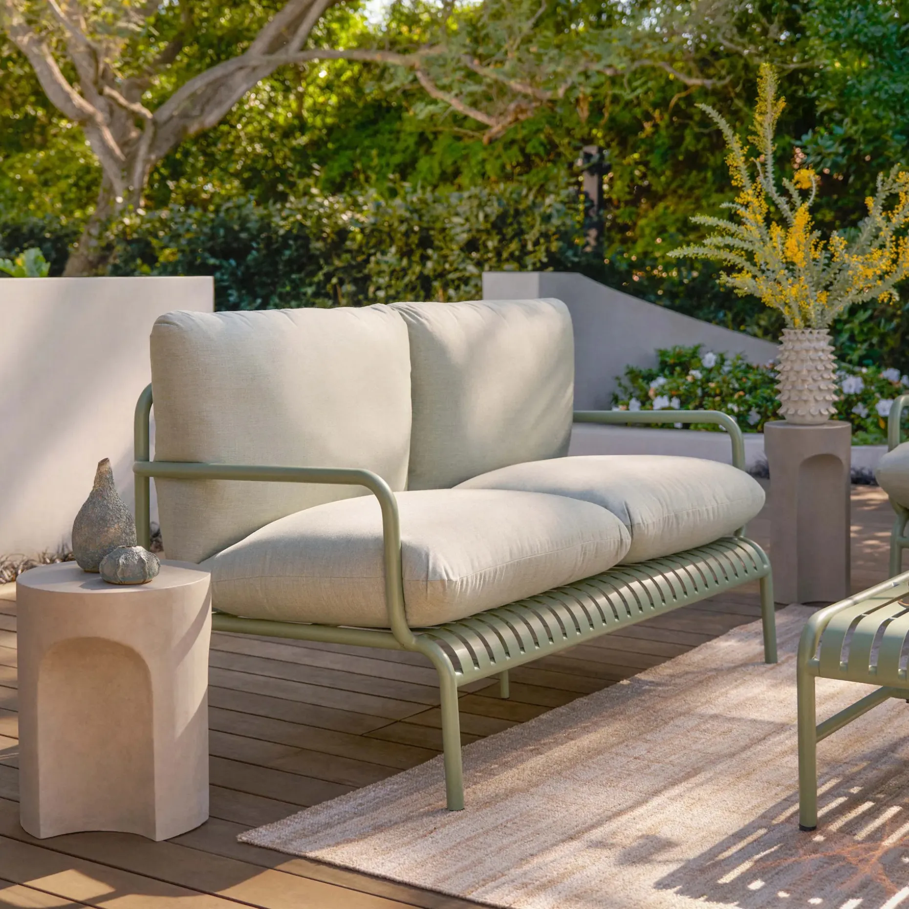 Sarek 59" Outdoor Loveseat and Ottoman Set - Sunbrella® Mint