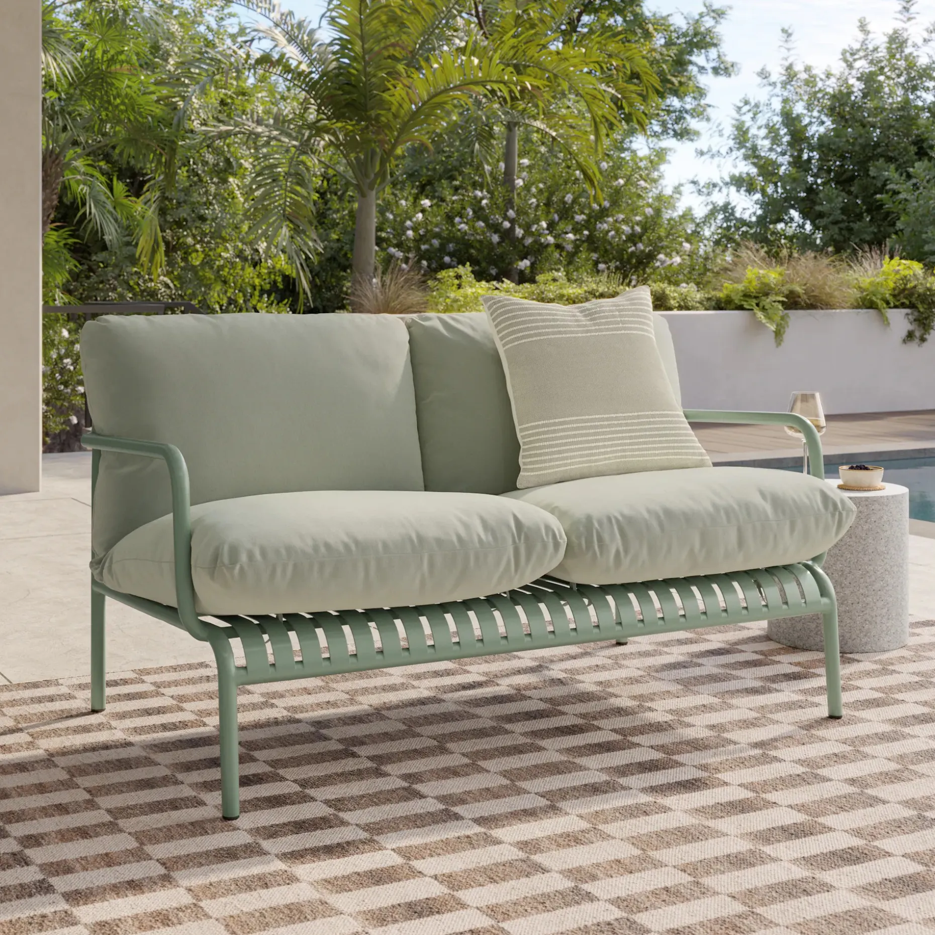 Sarek 59" Outdoor Loveseat and Ottoman Set - Sunbrella® Mint