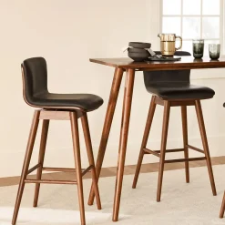 Sede Leather Swivel Bar Stool - Walnut and Black