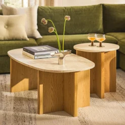 Sporo Travertine Side Table - Natural Oak