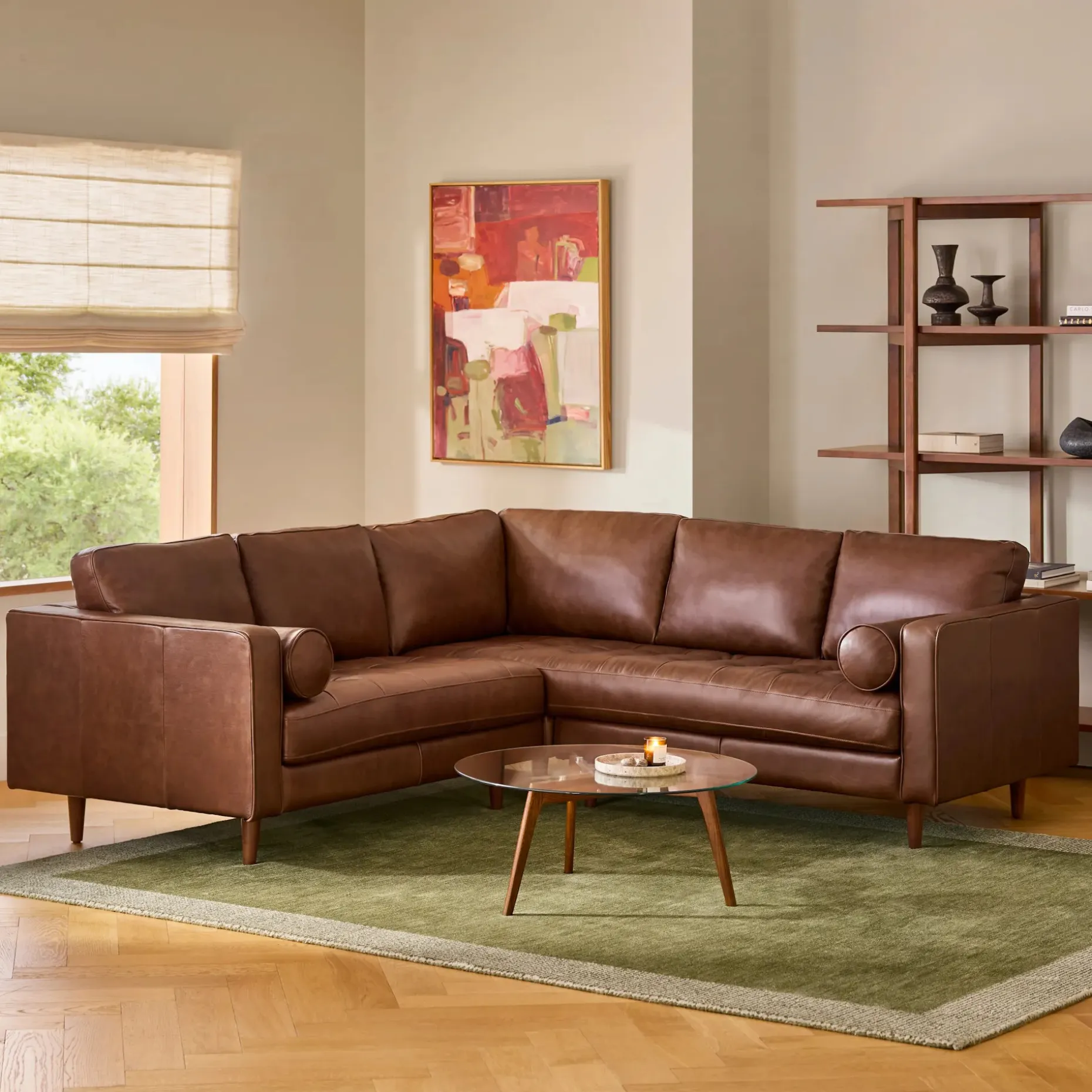 Sven 91" Tufted Leather Corner Sectional - Taos Brown