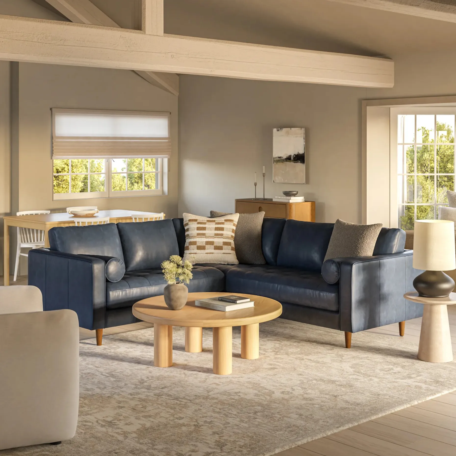 Sven 91" Tufted Leather Corner Sectional - Oxford Blue