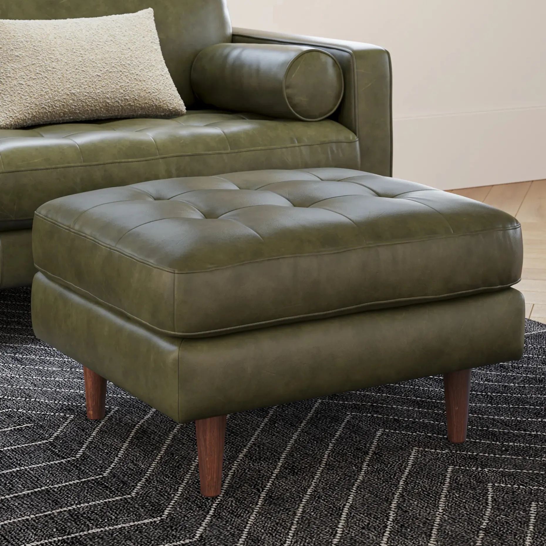 Sven 30" Tufted Leather Ottoman - Charme Green