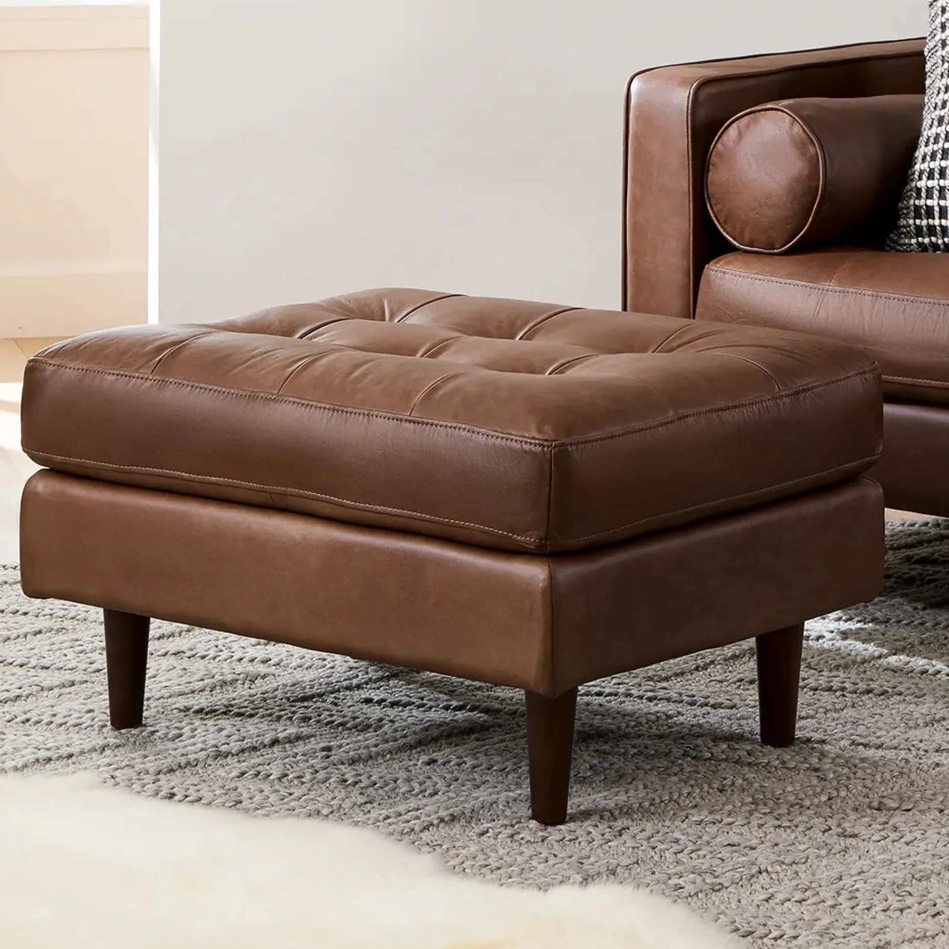 Sven 30" Tufted Leather Ottoman - Charme Chocolat