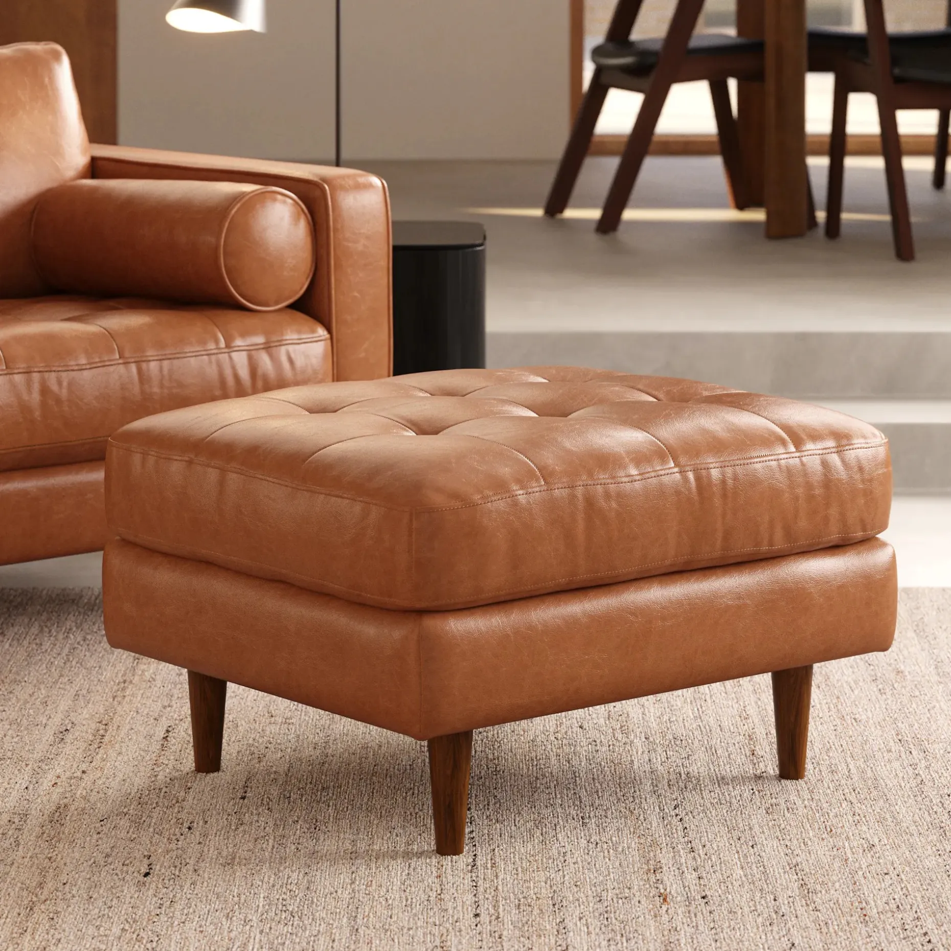 Sven 30" Tufted Leather Ottoman - Salerno Tan