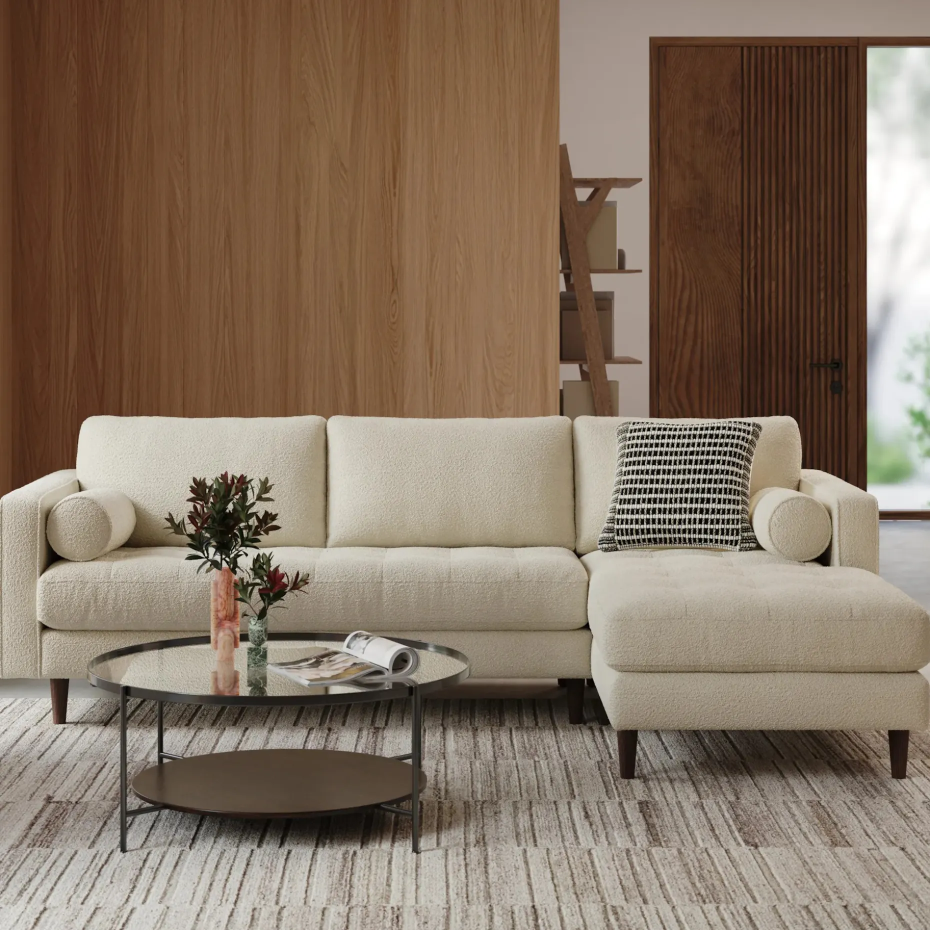 Sven 100" Tufted Right Sectional - Ivory Wool Bouclé