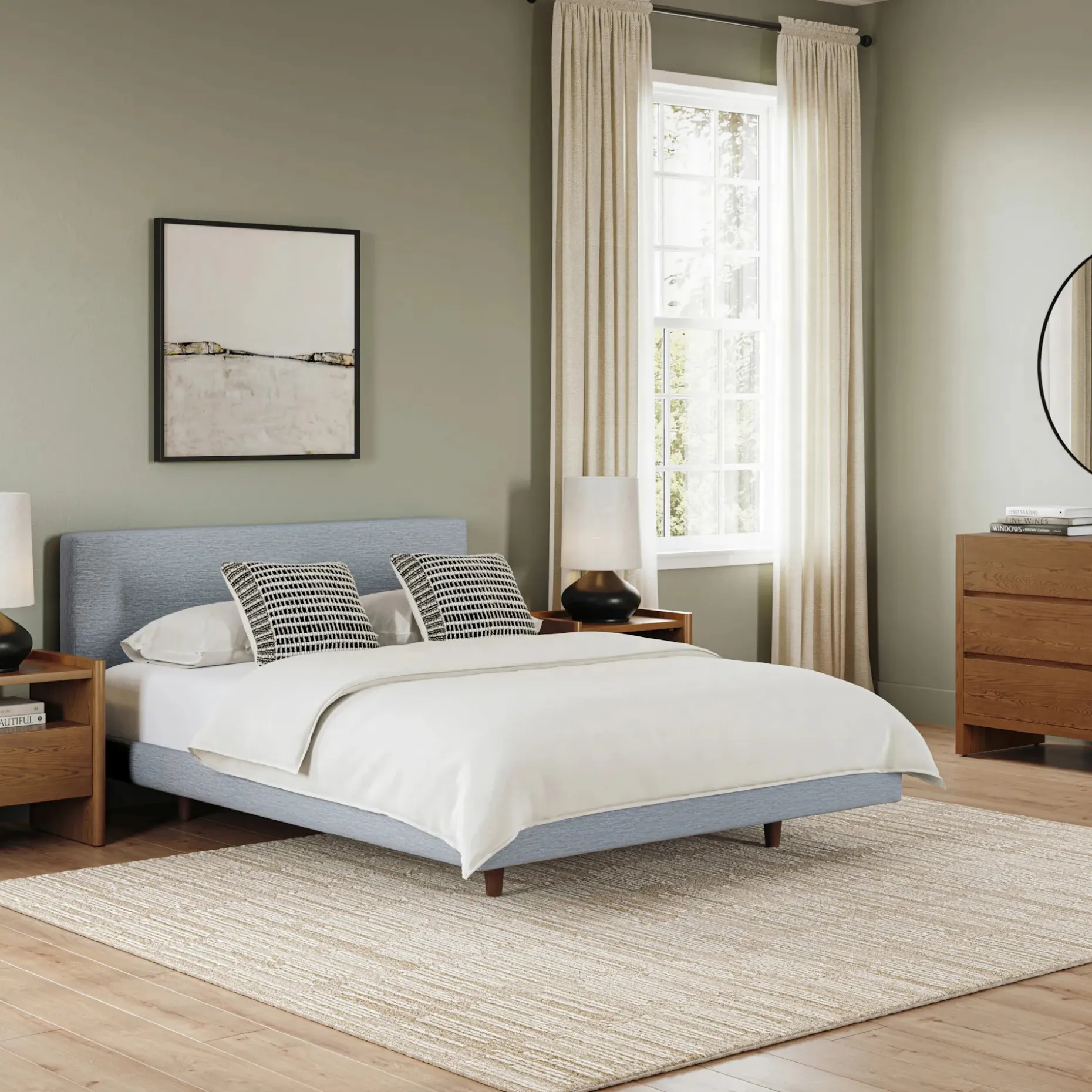 Tessu Queen Low Profile Upholstered Bed - Silver Light Blue