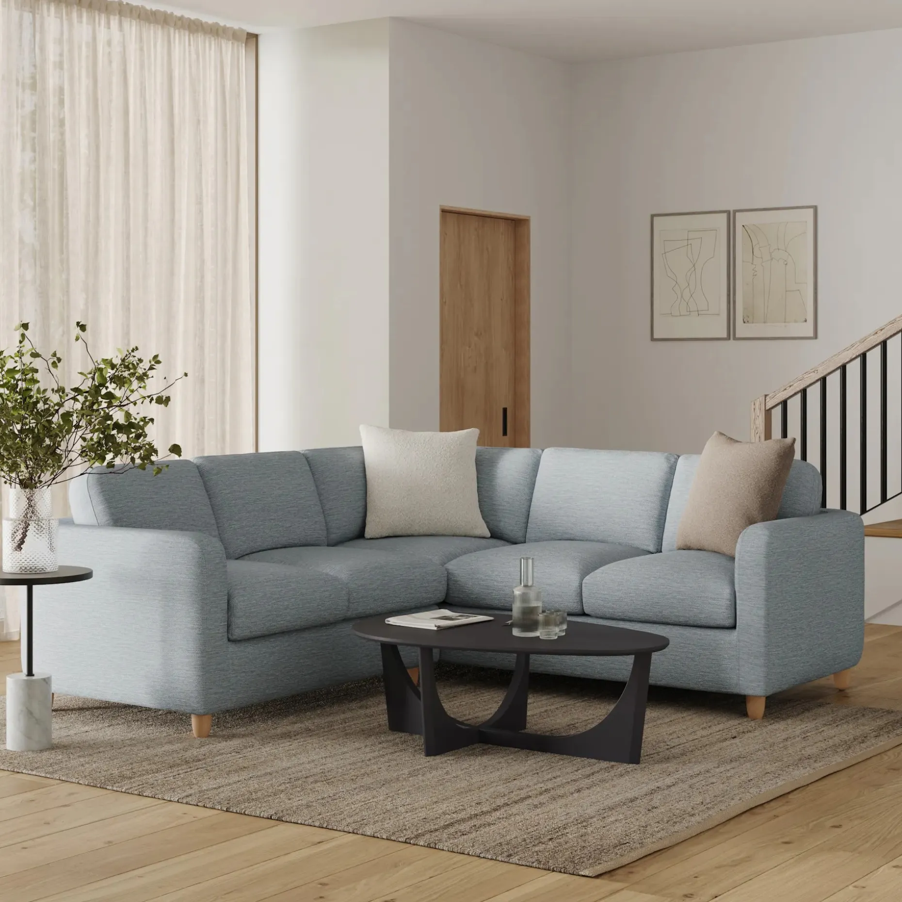 Vati 92" Corner Sectional - Natural Oak and Silver Light Blue