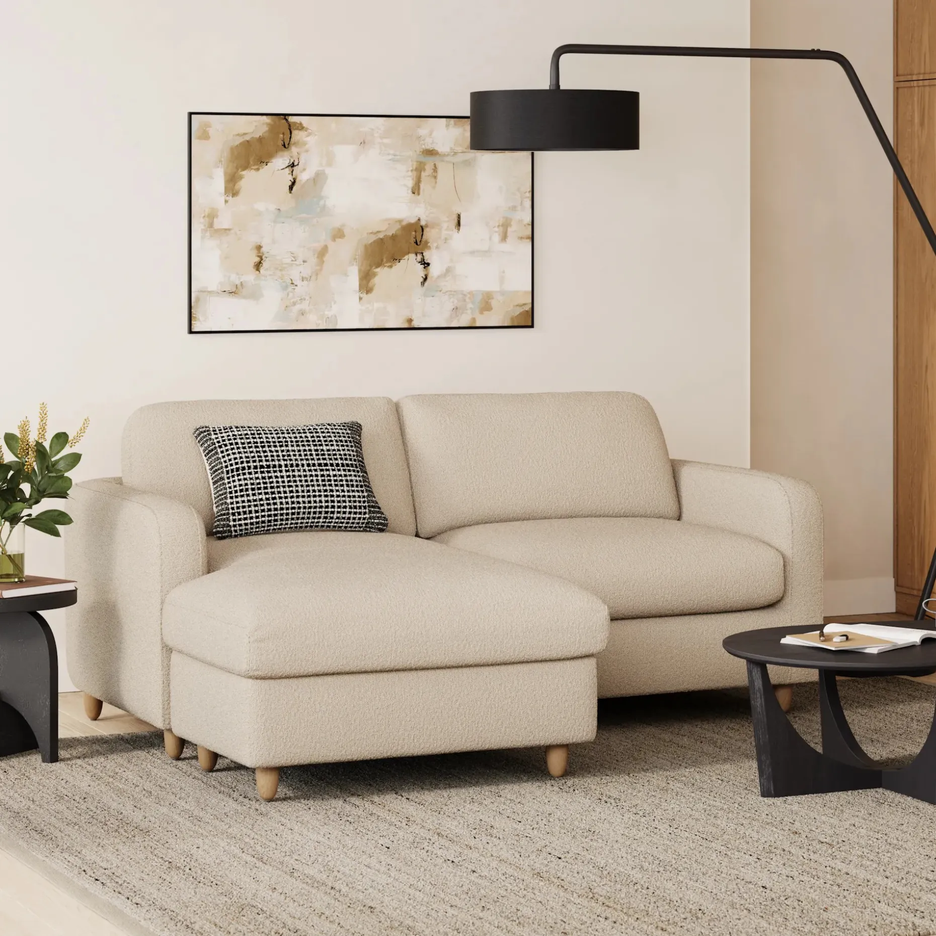 Vati 80" Left Storage Sectional - Natural Oak and Ivory Wool Bouclé