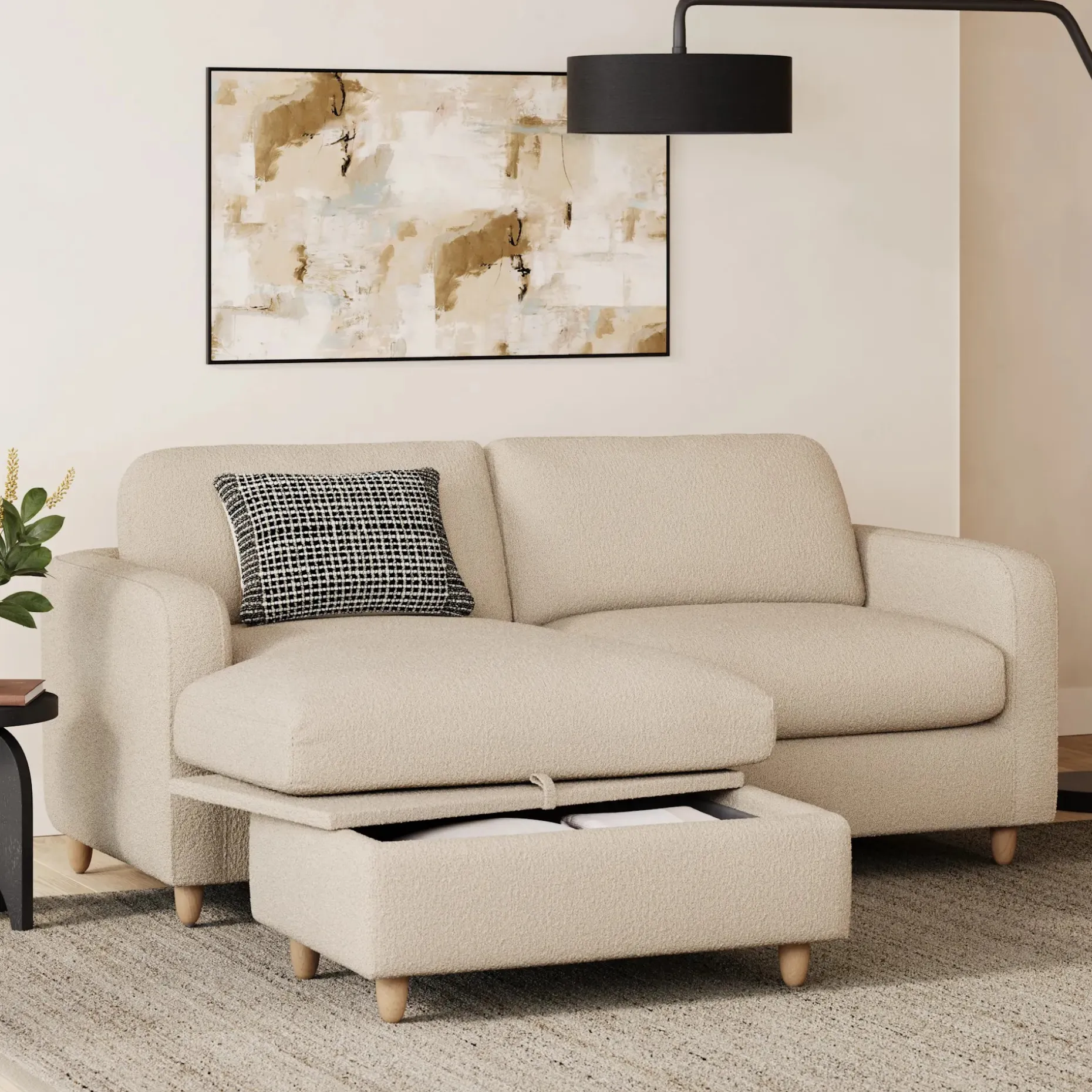 Vati 80" Left Storage Sectional - Natural Oak and Ivory Wool Bouclé