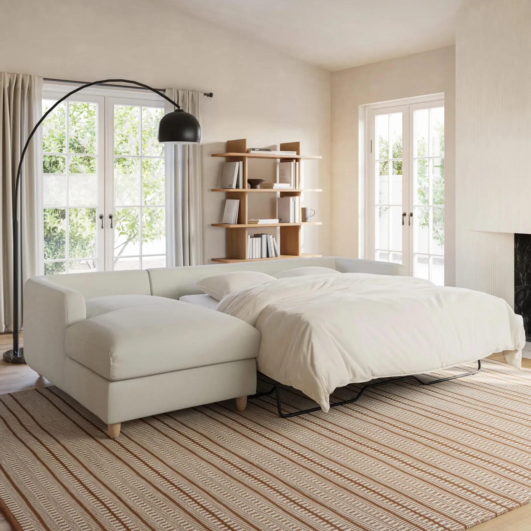 Vati 114" Left Storage Sleeper Sectional - Natural Oak and Buckler Ivory