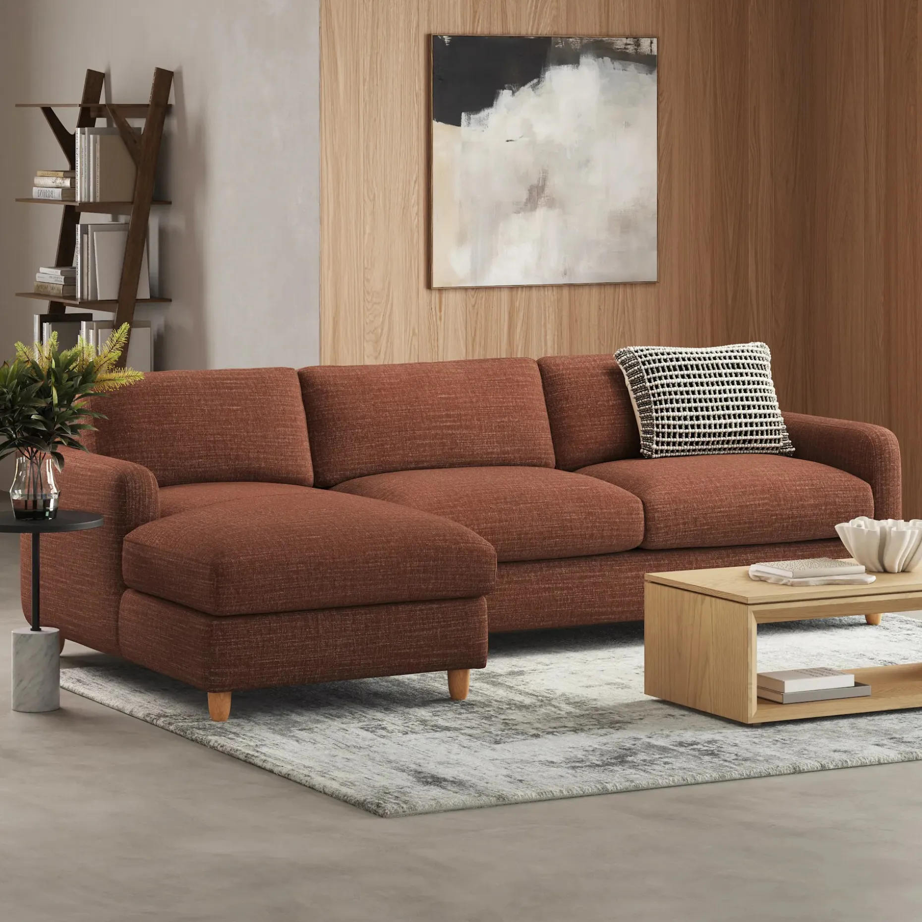 Vati 114" Left Storage Sleeper Sectional - Natural Oak and Napa Rust
