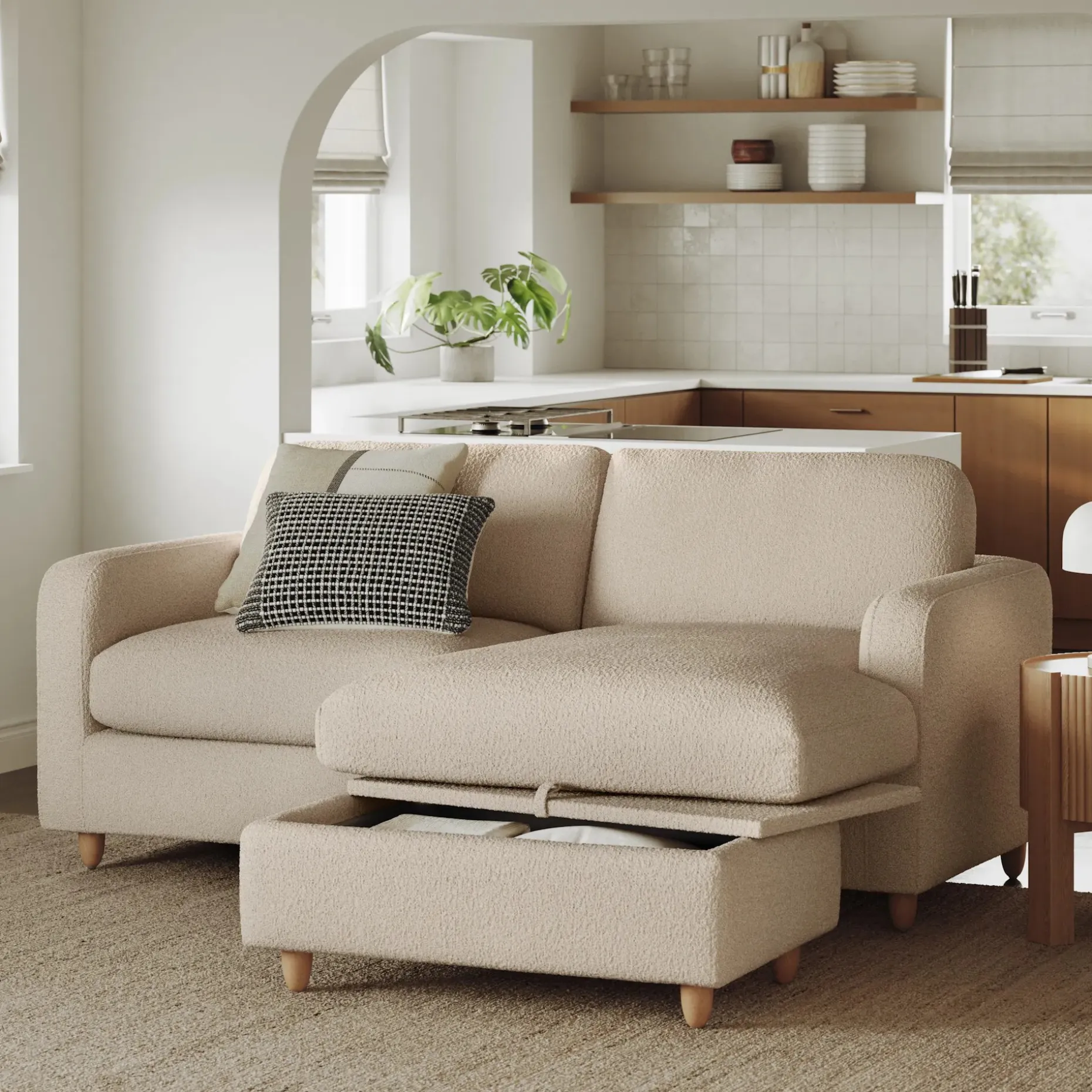 Vati 80" Right Storage Sectional - Natural Oak and Ivory Wool Bouclé