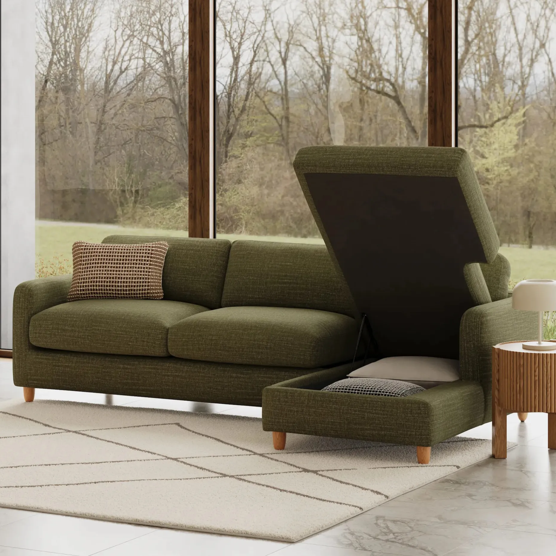 Vati 114" Right Storage Sleeper Sectional - Natural Oak and Napa Moss