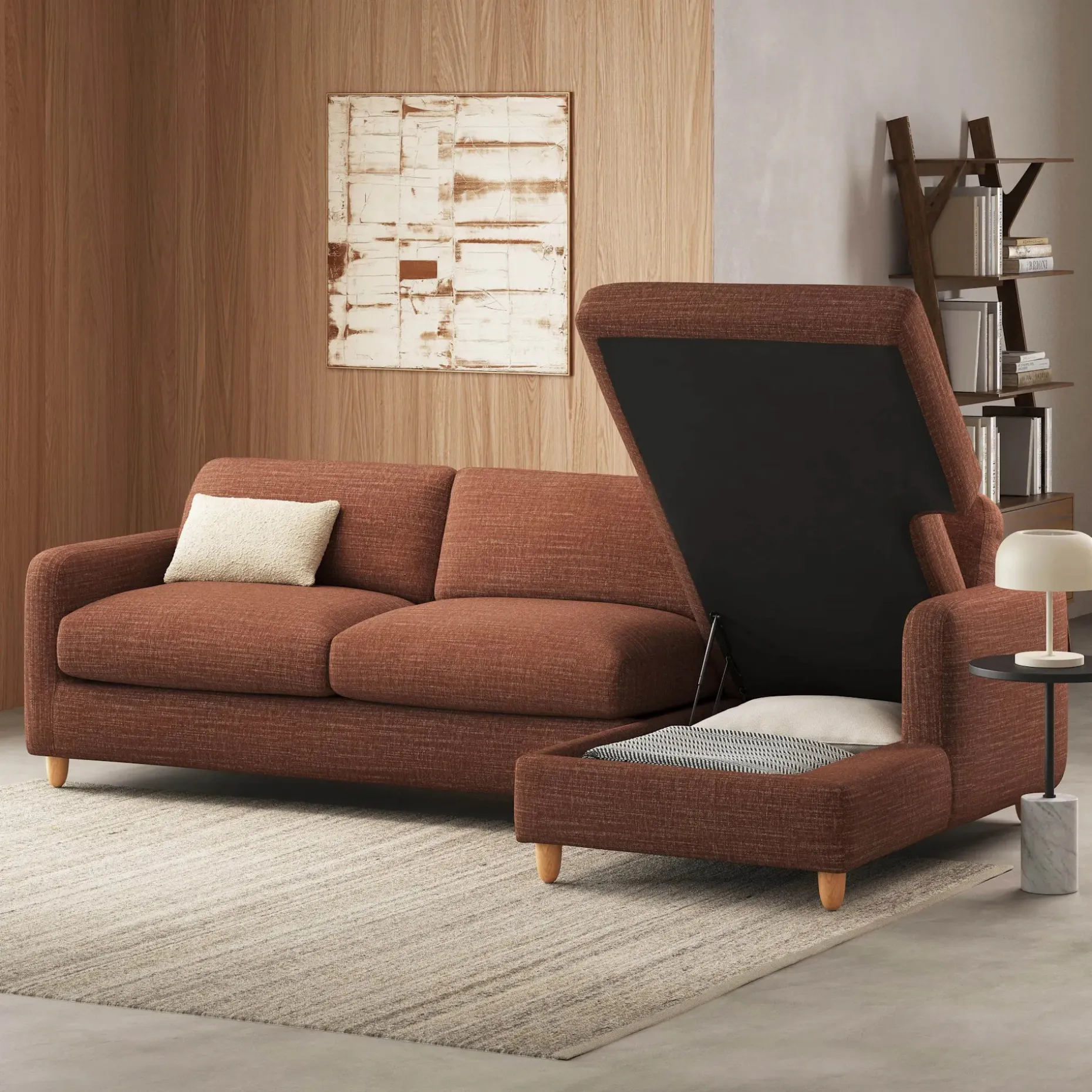 Vati 114" Right Storage Sleeper Sectional - Natural Oak and Napa Rust