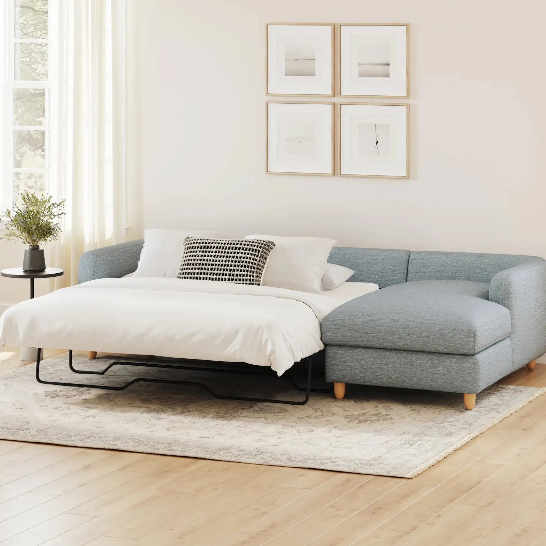 Vati 114" Right Storage Sleeper Sectional - Natural Oak and Silver Light Blue