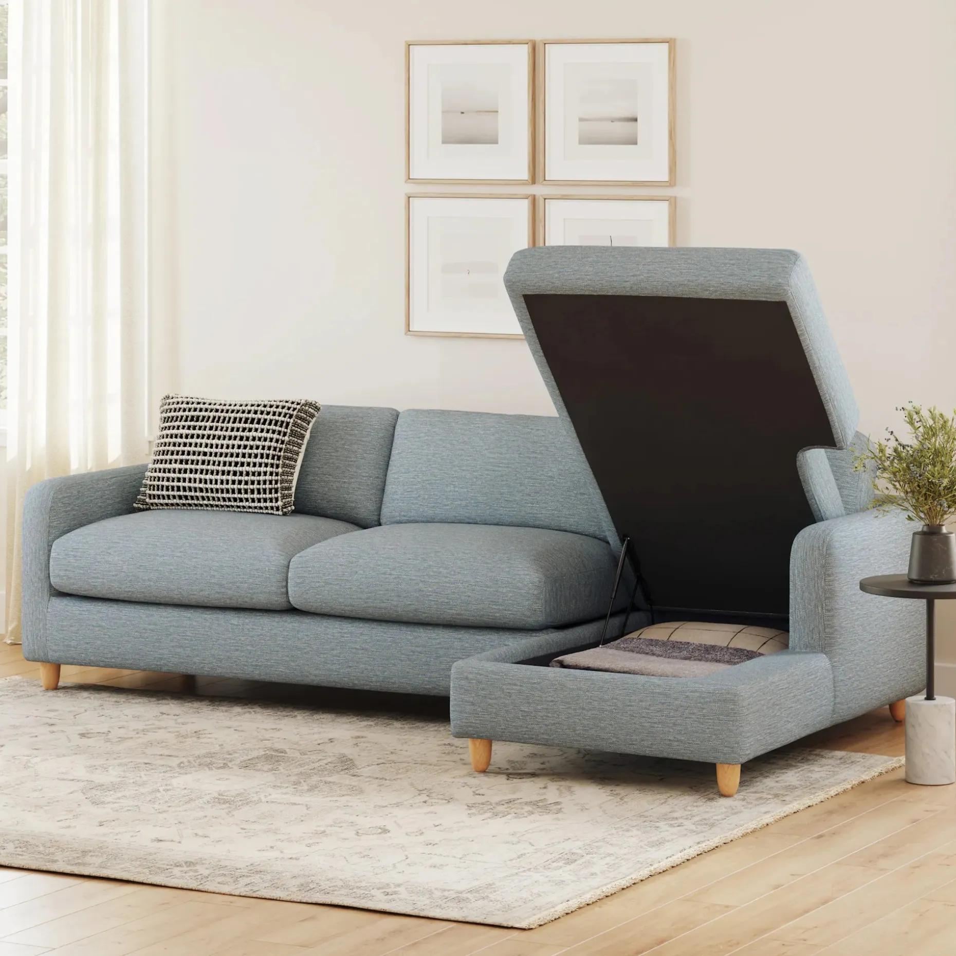 Vati 114" Right Storage Sleeper Sectional - Natural Oak and Silver Light Blue