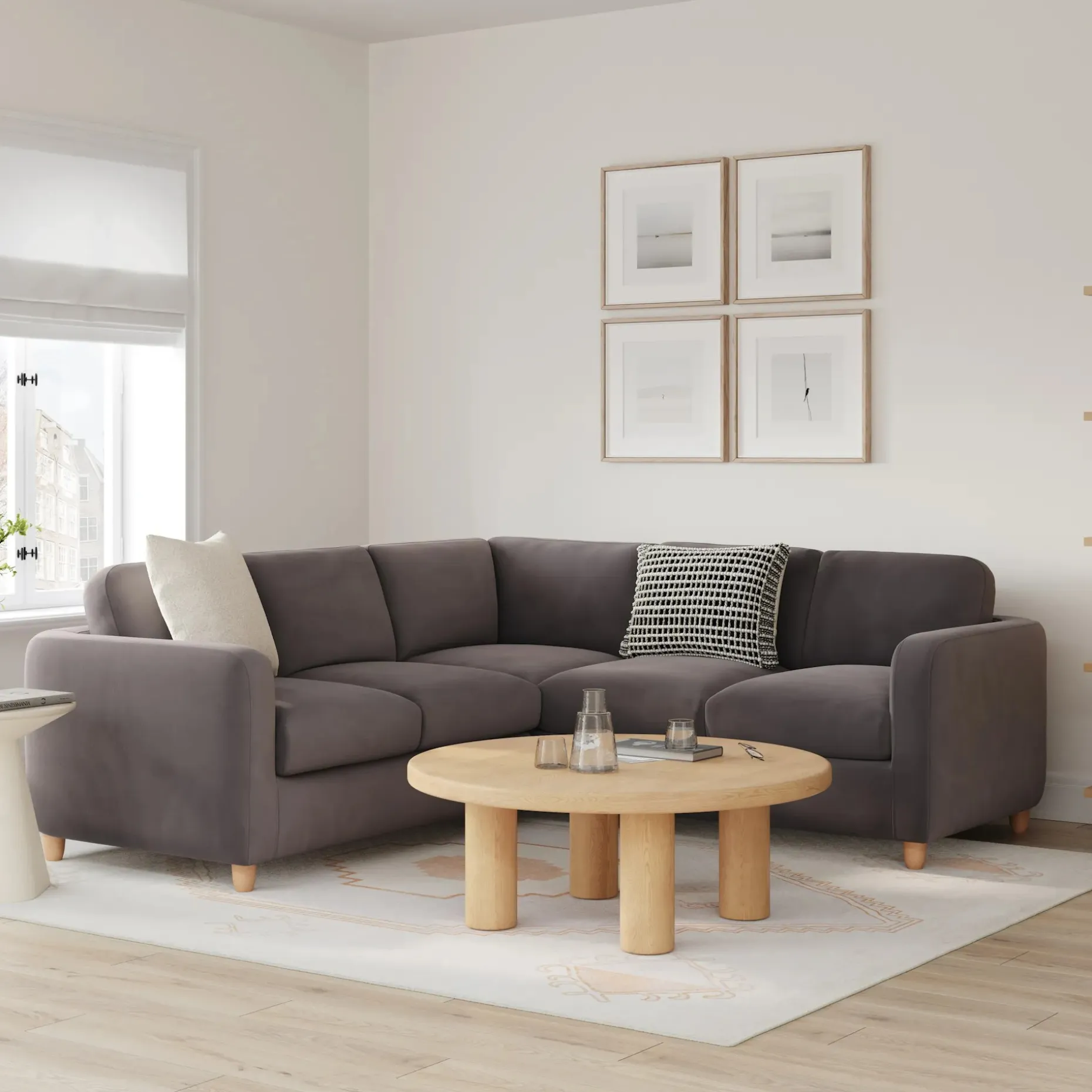 Vati 92" Velvet Corner Sectional - Natural Oak and Hale Warm Gray