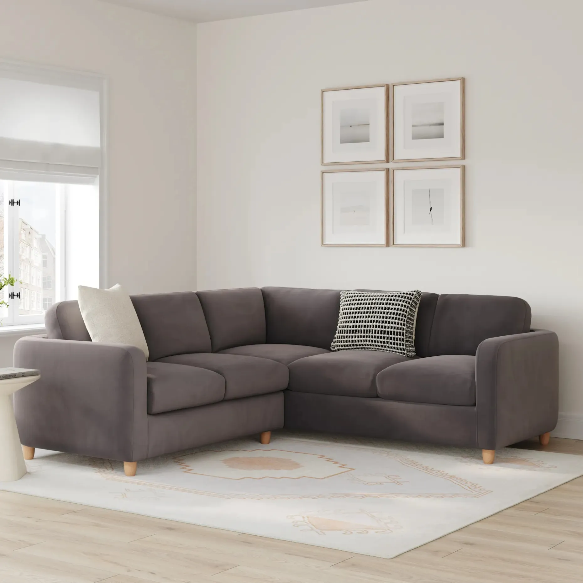 Vati 92" Velvet Corner Sectional - Natural Oak and Hale Warm Gray